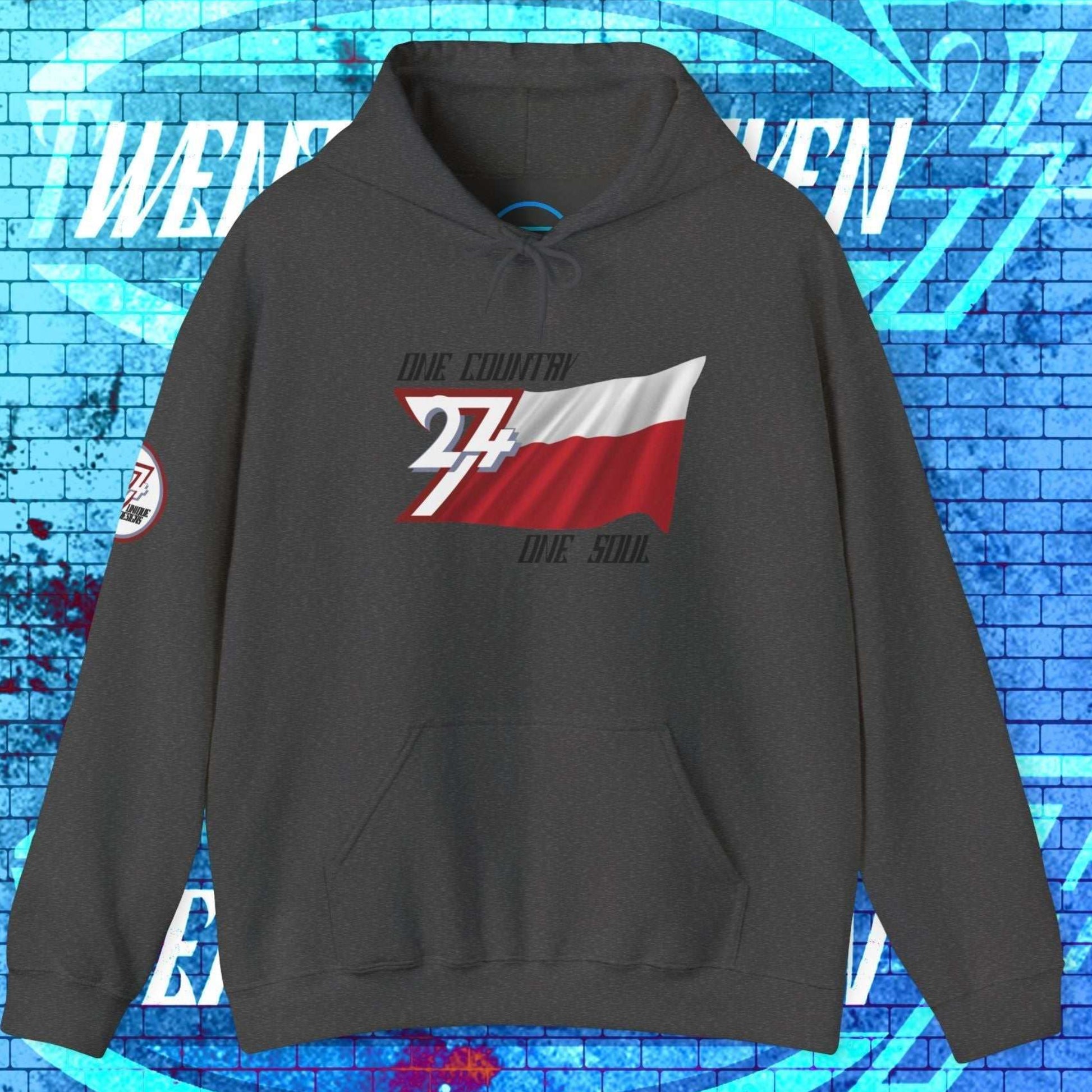 Front view of the Charcoal Polska flag hoodie showing the refined hand-drawn design and "One Country One Soul" slogan.