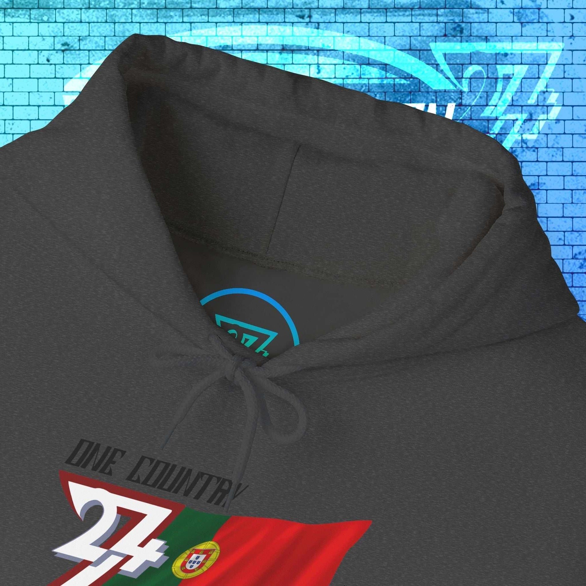 Macro close-up of the inner neck area showing the tear-away label and authentic 24/7 Unique Designs trademark logo.