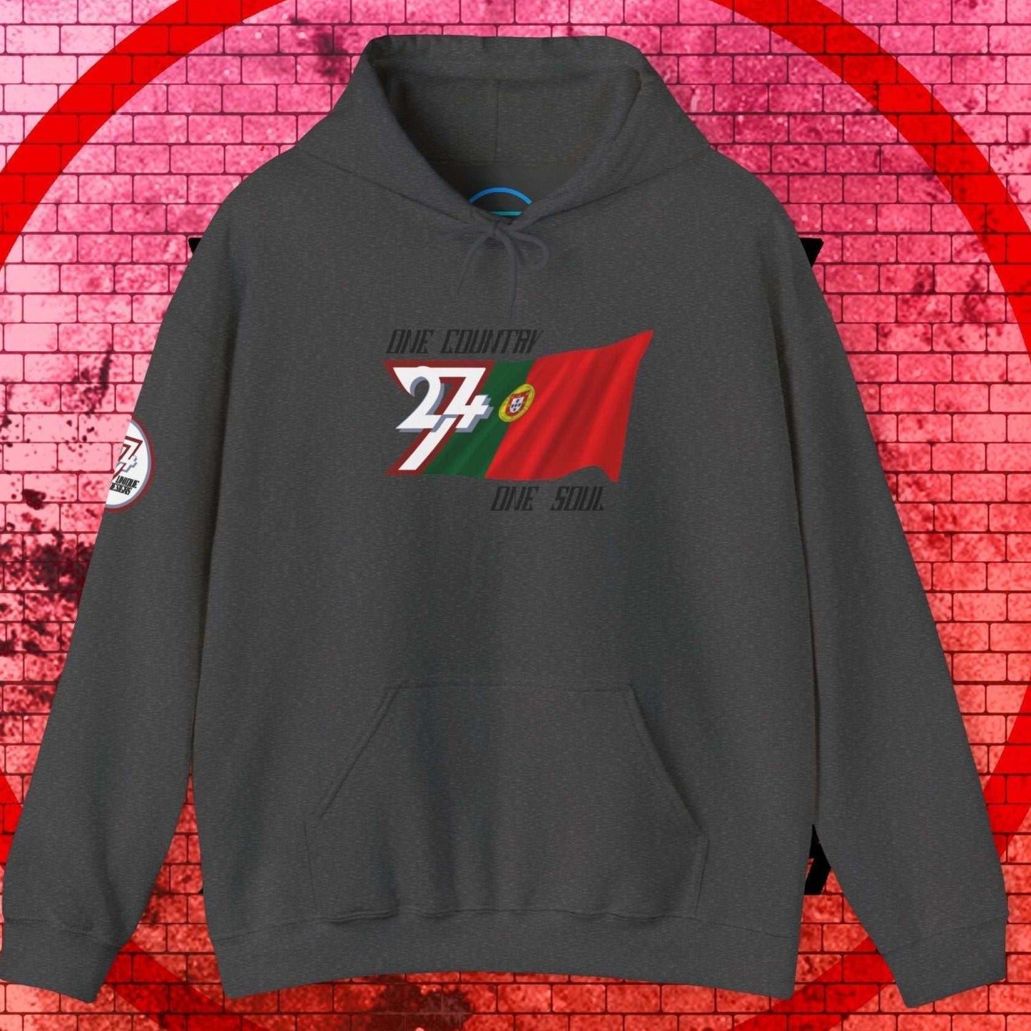 Front view of the Charcoal Portugal flag hoodie showing the refined hand-drawn design and "One Country One Soul" slogan.