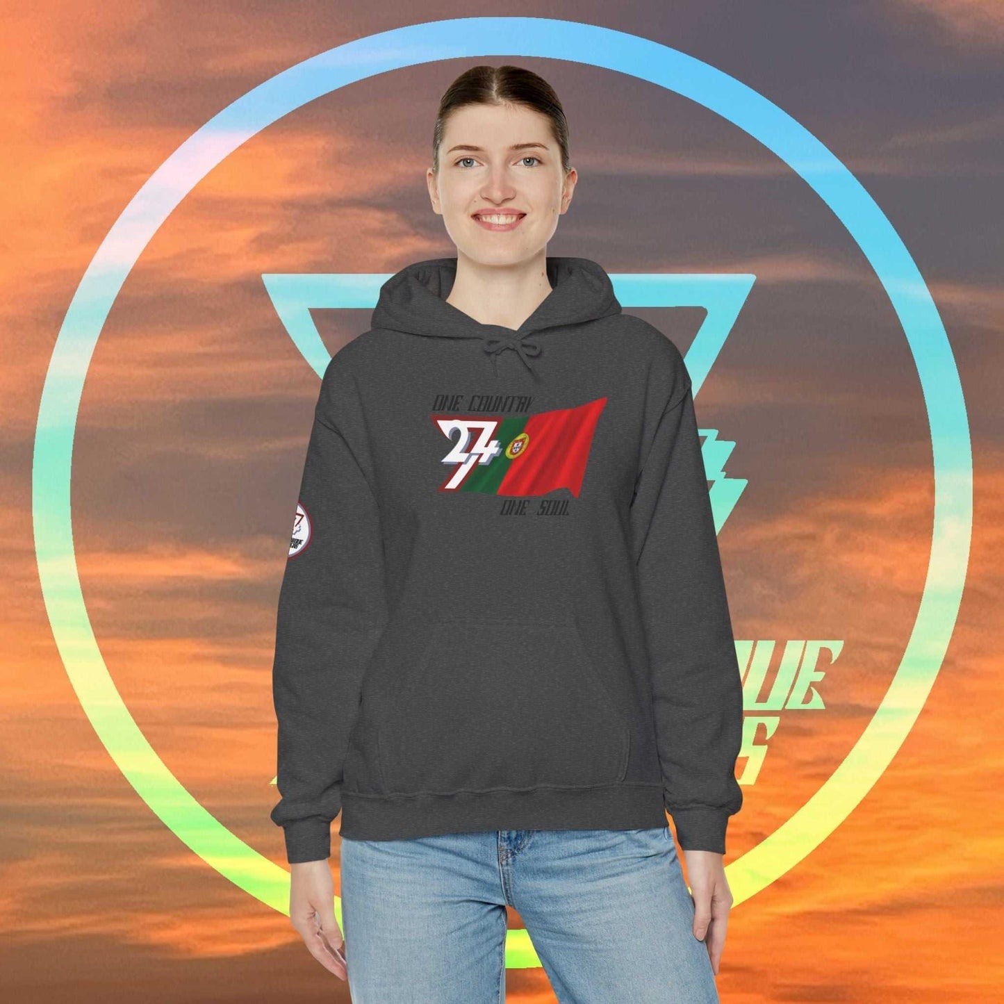 Model wearing the Portugal "Navegador" edition hoodie in Charcoal, showing a modern, refined Portuguese streetwear look.