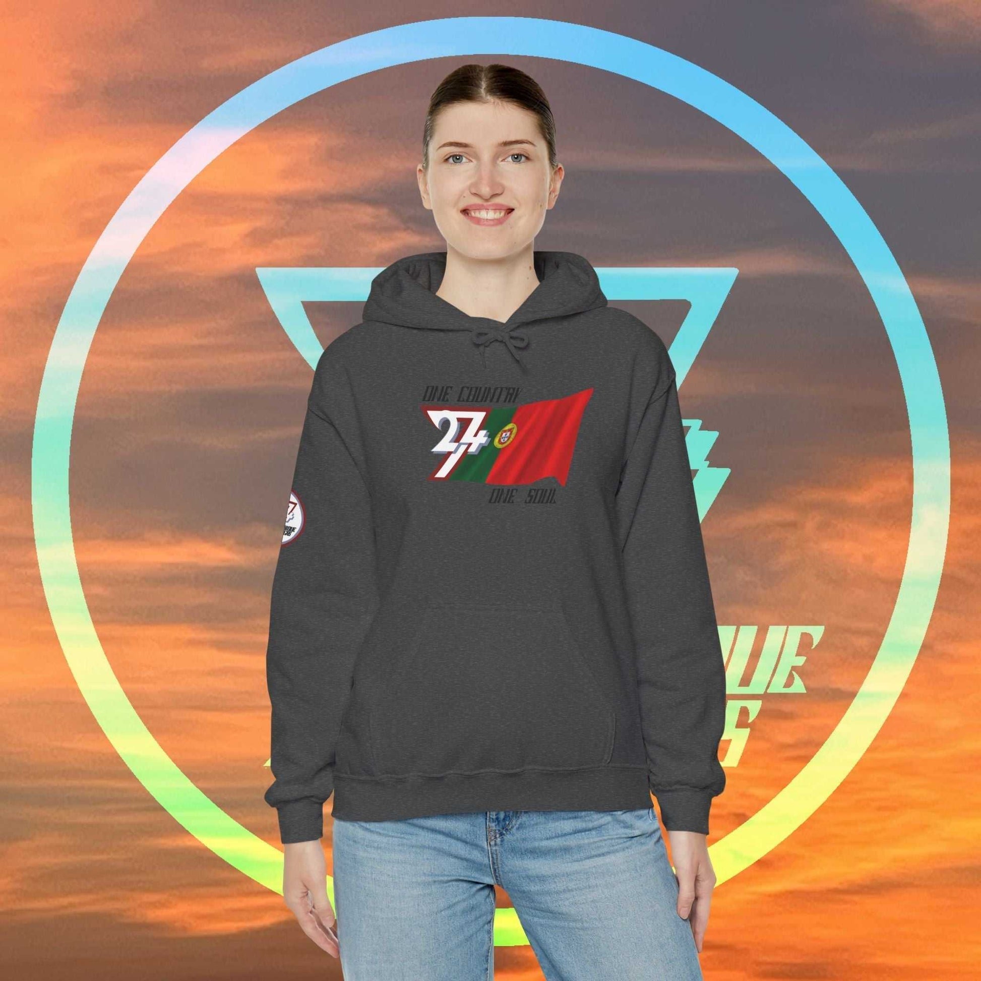 Model wearing the Portugal "Navegador" edition hoodie in Charcoal, showing a modern, refined Portuguese streetwear look.