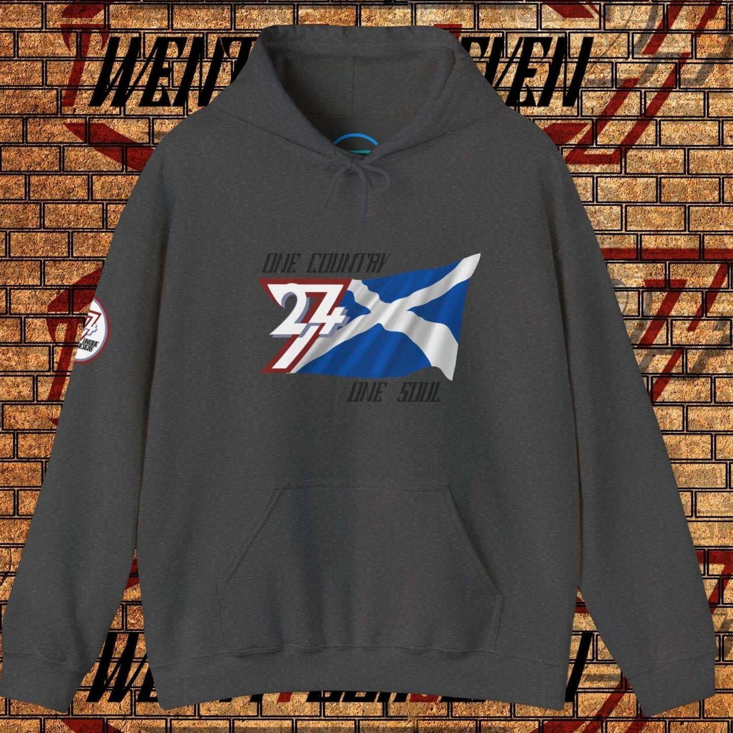 Front view of the Charcoal Alba flag hoodie showing the refined hand-drawn design and "One Country One Soul" slogan.