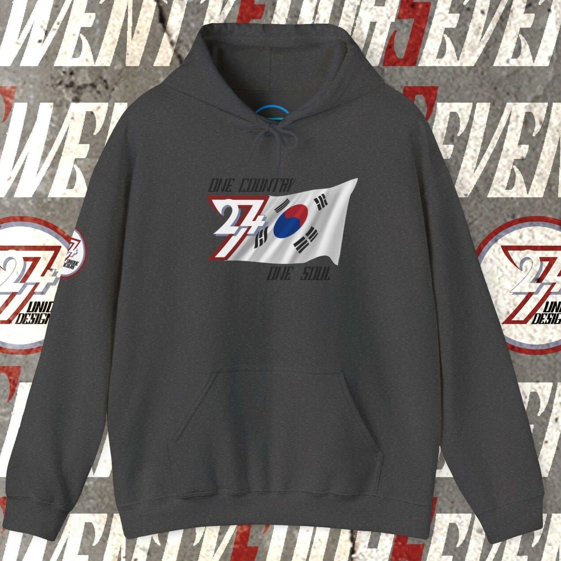Front view of the Charcoal Daehan Minguk flag hoodie showing the refined hand-drawn design and "One Country One Soul" slogan.