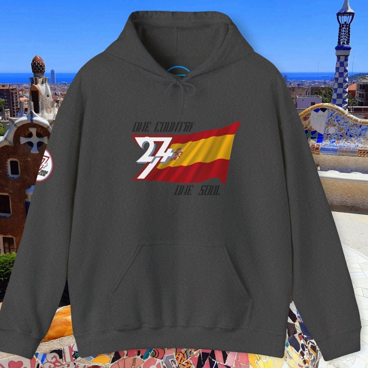 Front view of the Charcoal España flag hoodie showing the refined hand-drawn design and "One Country One Soul" slogan.