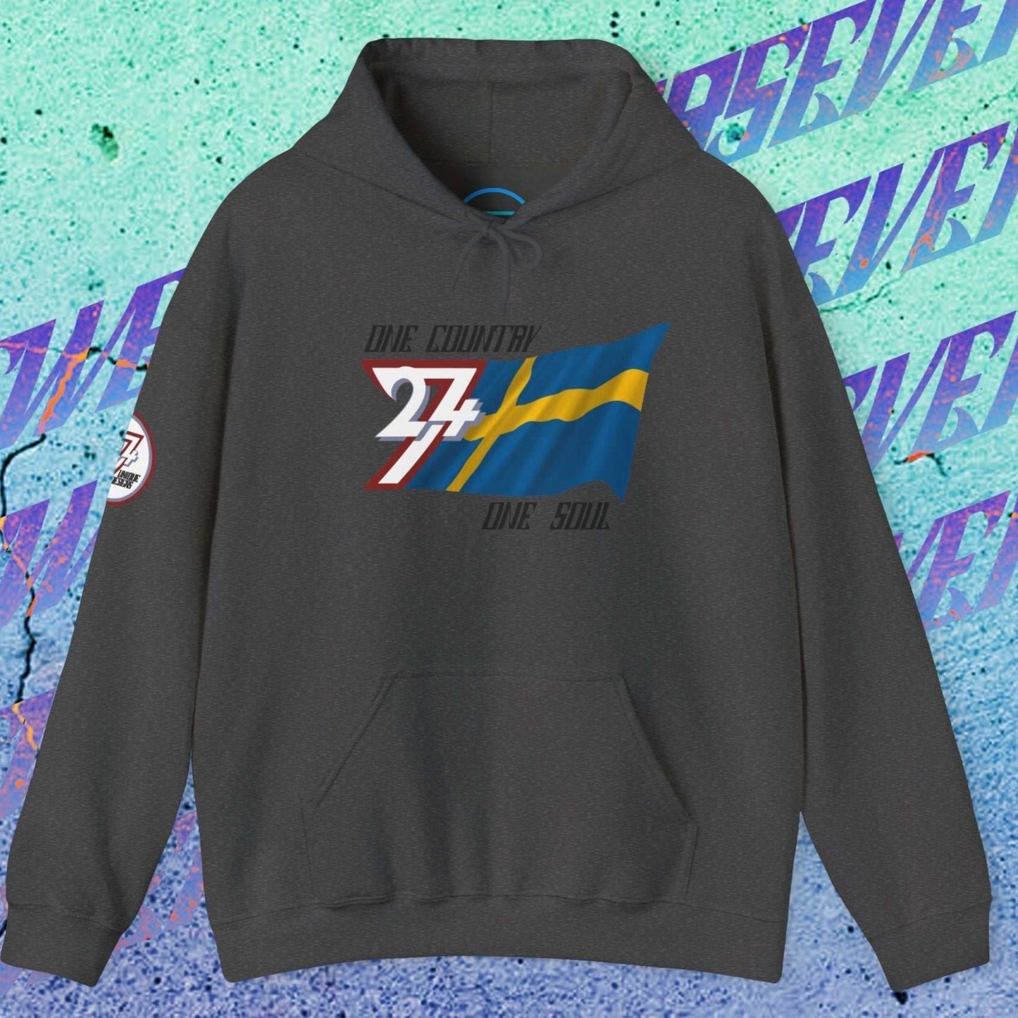 Front view of the Charcoal Sverige flag hoodie showing the refined hand-drawn design and "One Country One Soul" slogan.