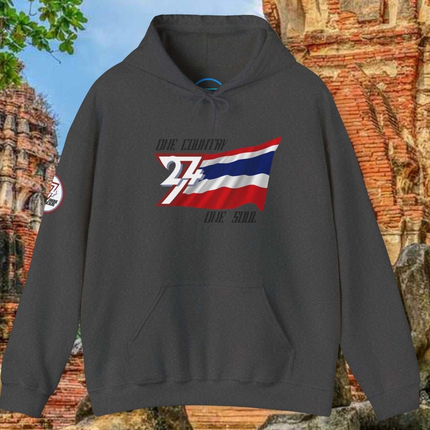 Front view of the Charcoal Thailand flag hoodie showing the refined hand-drawn design and "One Country One Soul" slogan.