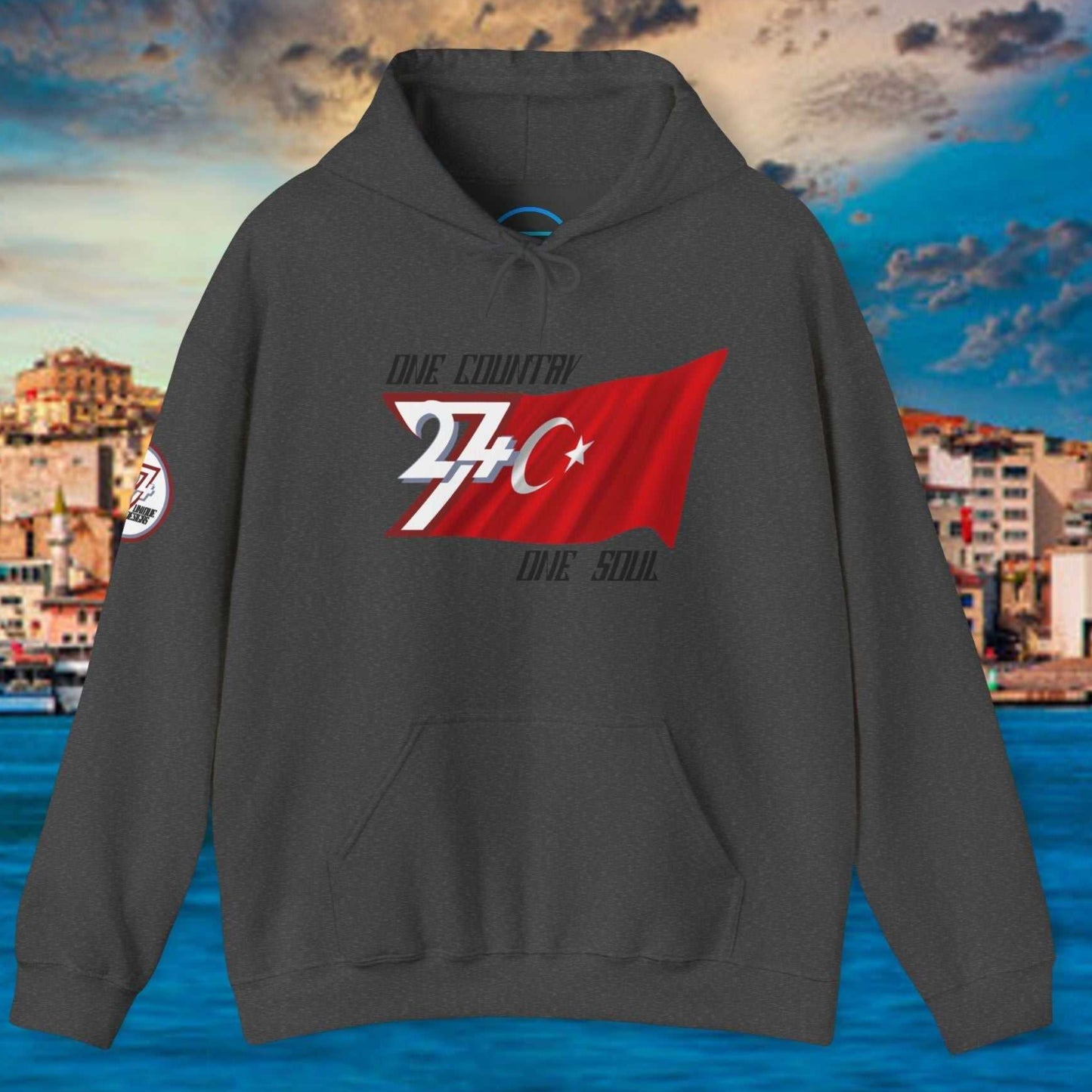 Front view of the Charcoal Türkiye flag hoodie showing the refined hand-drawn design and "One Country One Soul" slogan.