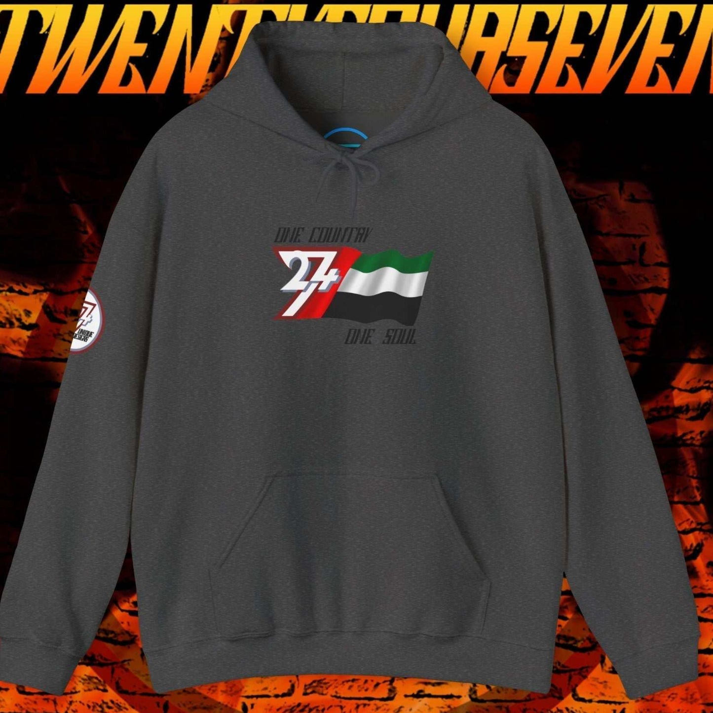 Front view of the Charcoal UAE flag hoodie showing the refined hand-drawn design and "One Country One Soul" slogan.