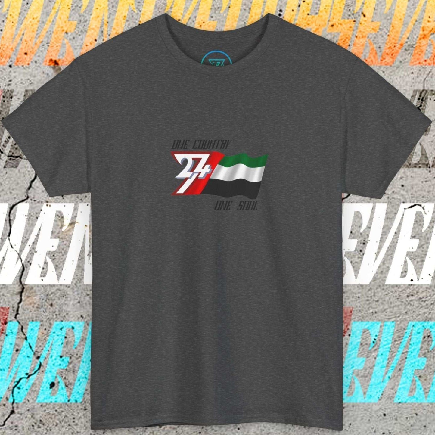 Digitally illustrated UAE graphic tee in Charcoal showing the hand-drawn flag and 24/7 branding.