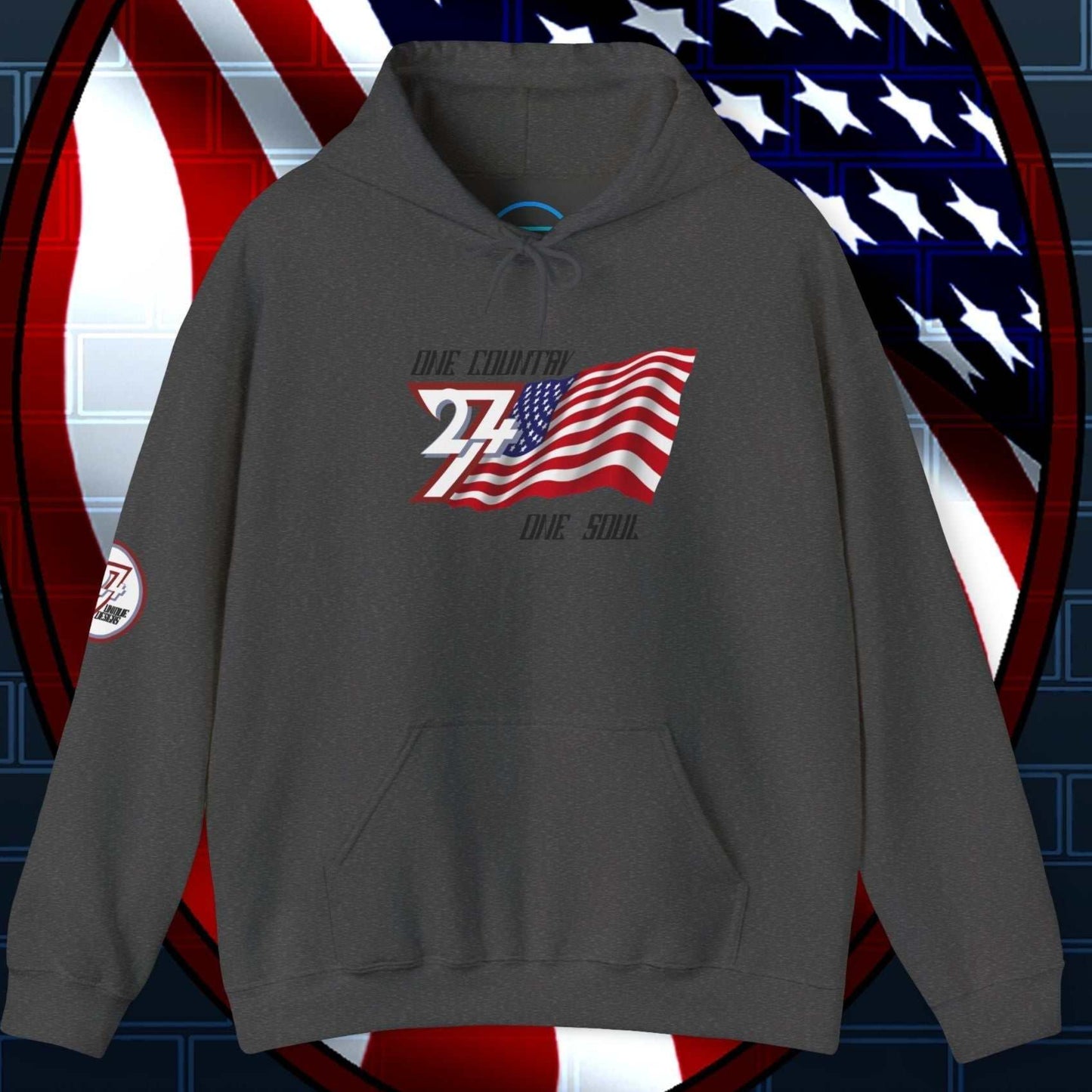 Front view of the Charcoal USA flag hoodie showing the refined hand-drawn design and "One Country One Soul" slogan.