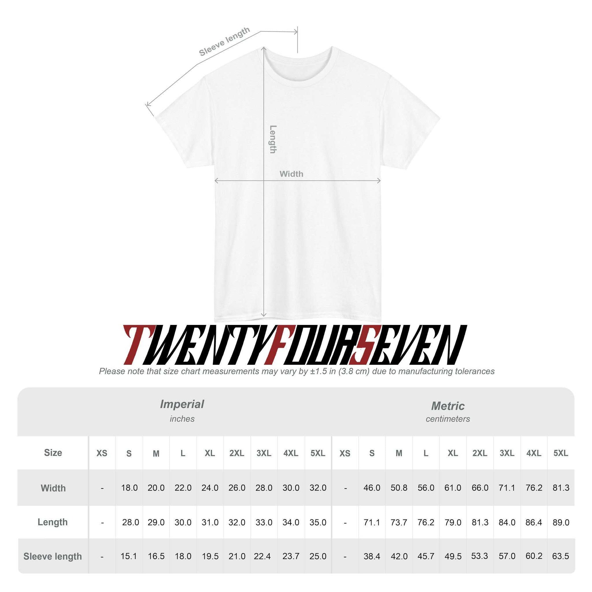 White t-shirt with measurement chart and 'TWENTYFOURSEVEN' branding on a white background