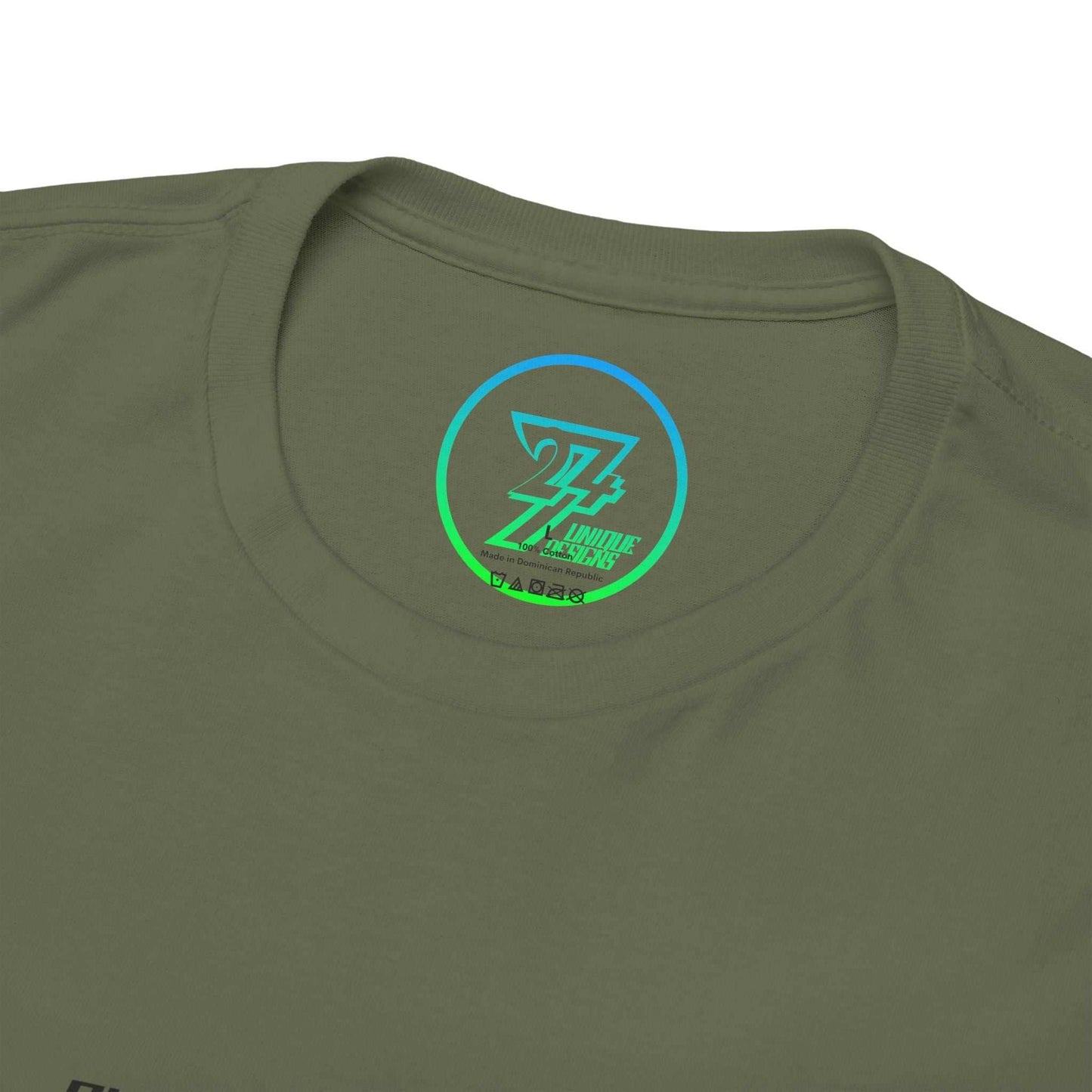Close up view of collar of the military geen Netherlands flag graphic tee