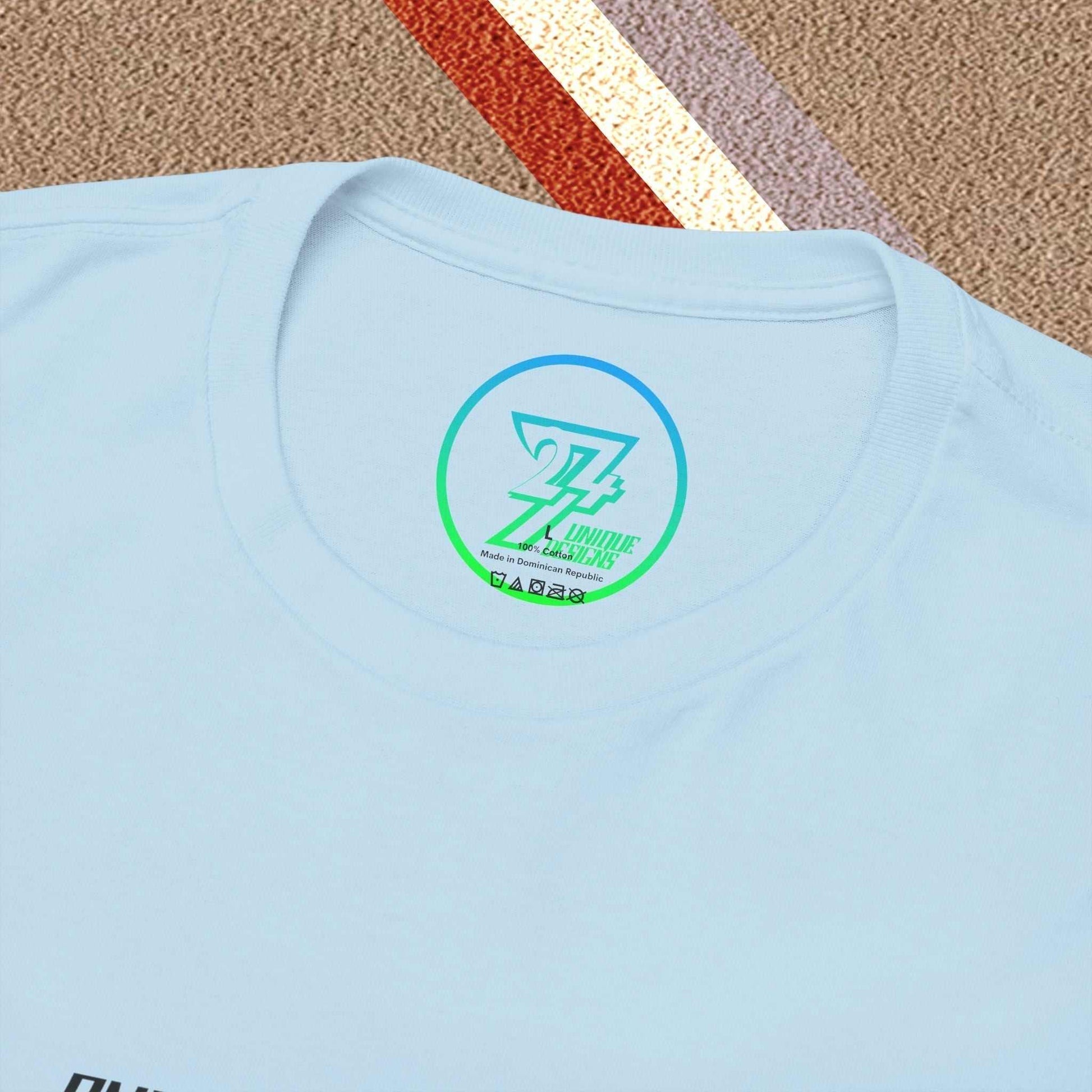 Close-up of the inner neck label showing the authentic 24/7 Unique Designs™ trademark logo on the Finland flag tee.