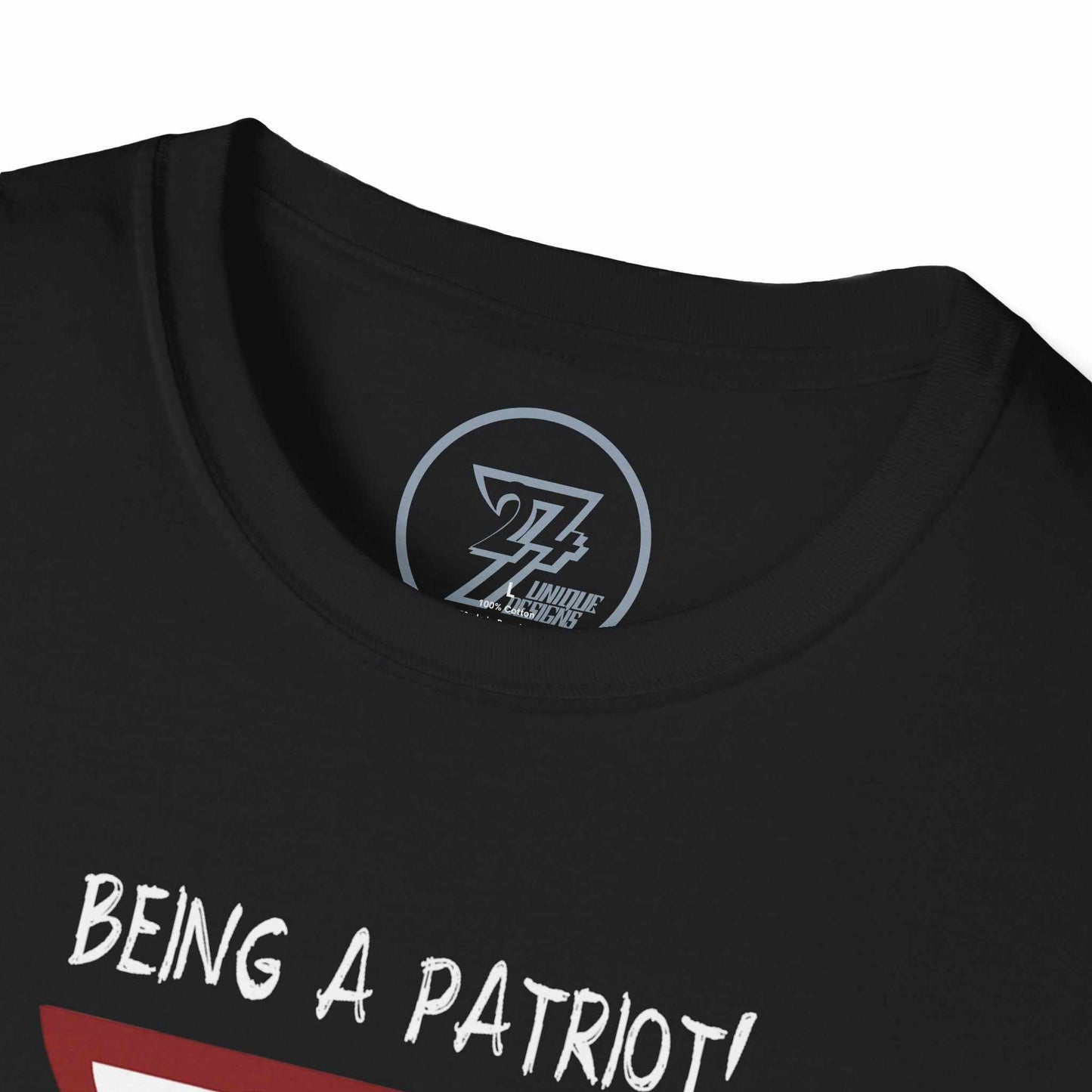 Black USA t-shirt with text 'BEING A PATRIOT!' and a logo on the collar against a white background