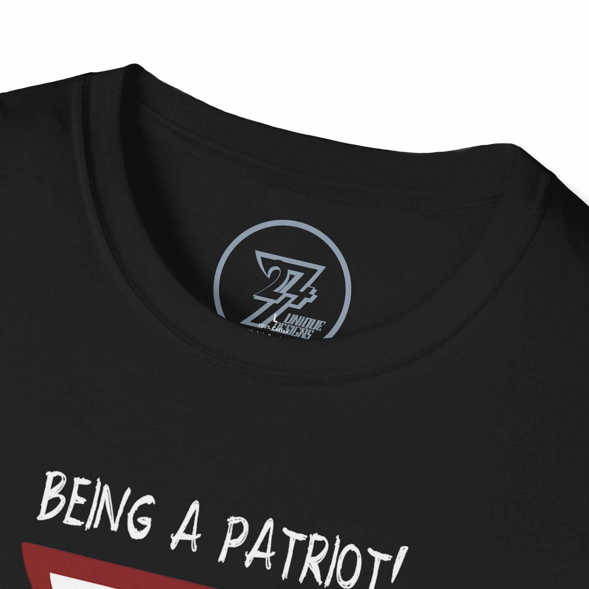 Black USA t-shirt with text 'BEING A PATRIOT!' and a logo on the collar against a white background