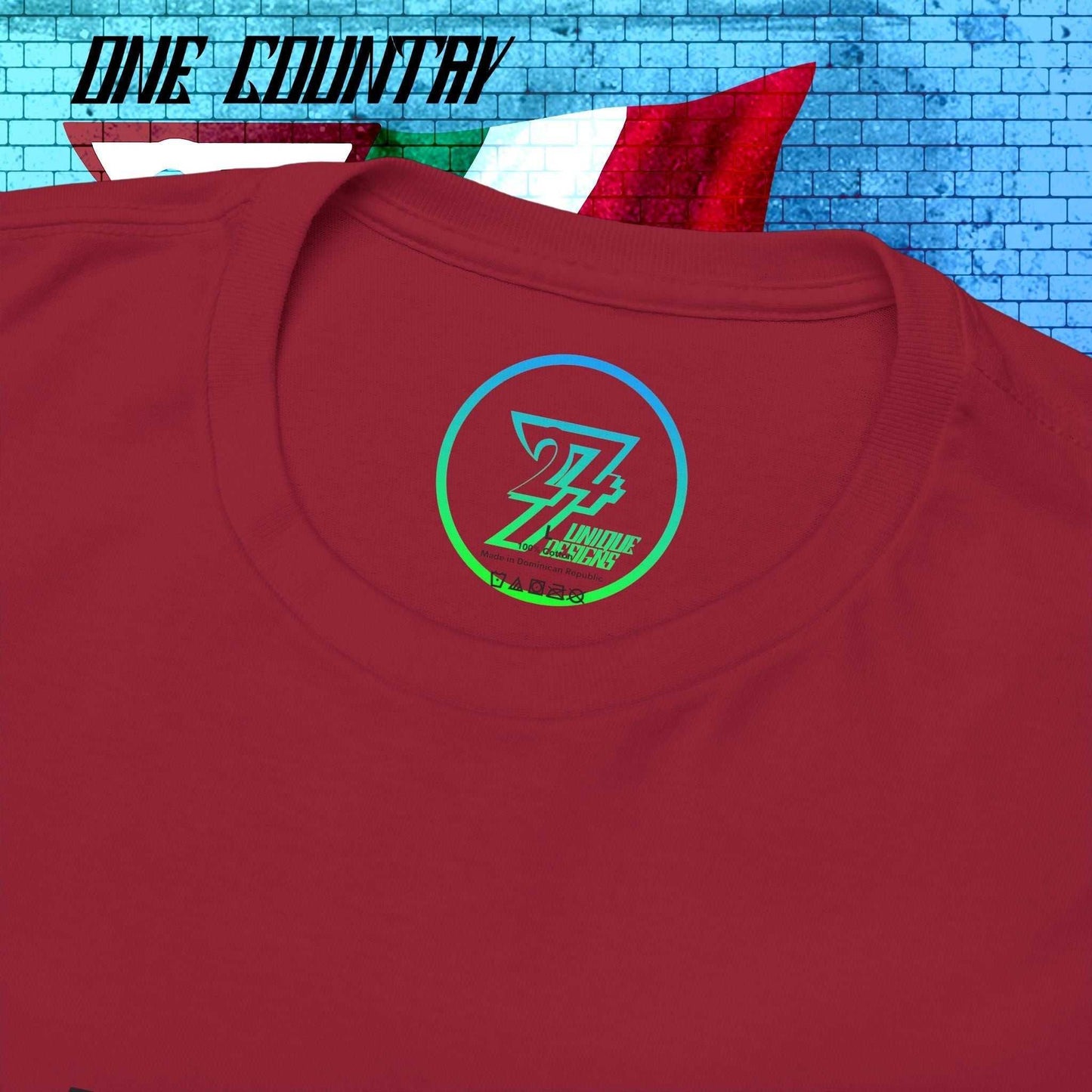 Close-up of the t-shirt neckline showing the authentic 24/7 Unique Designs™ trademark logo printed on the inner collar of the red Italy flag tee.