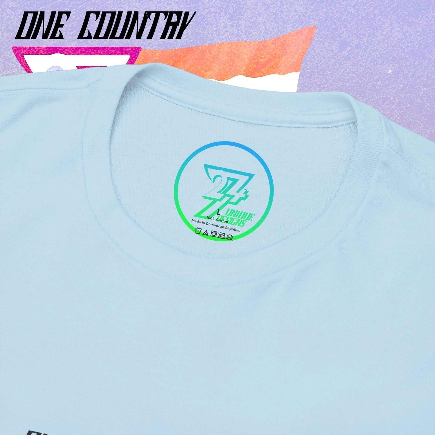 Macro close-up of the inner neck label showing the authentic 24/7 Unique Designs™ trademark logo on the India flag tee.