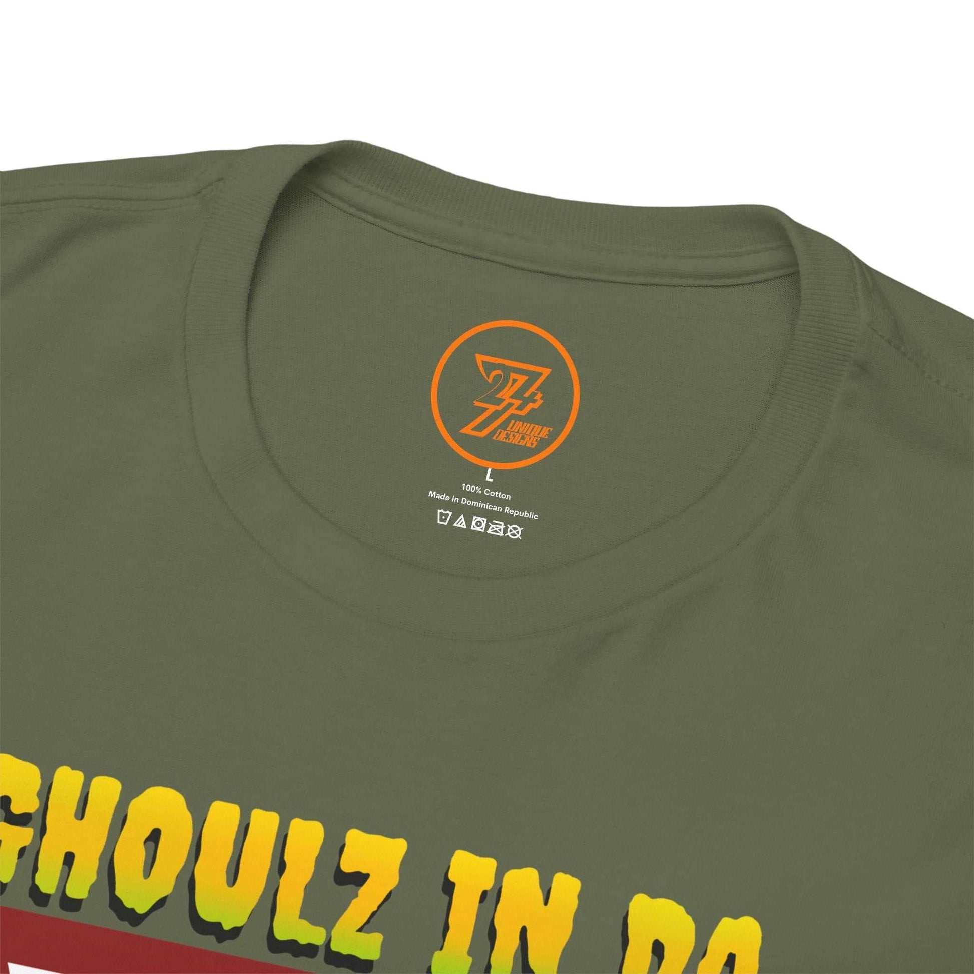 Collar view of the 24/7 unique design army green graphic tee