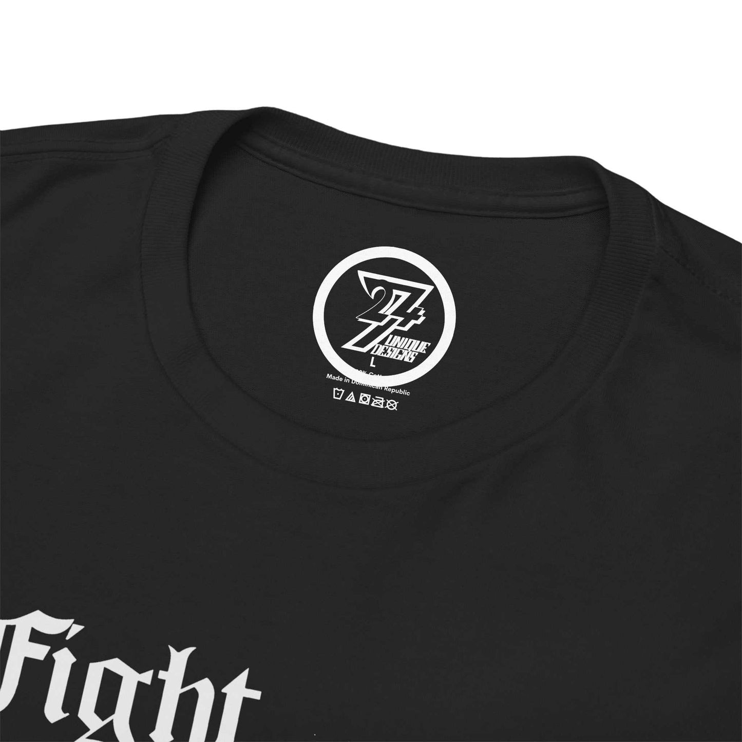 Black kickboxing graphic tee highlighting the 24/7 logo in the collar