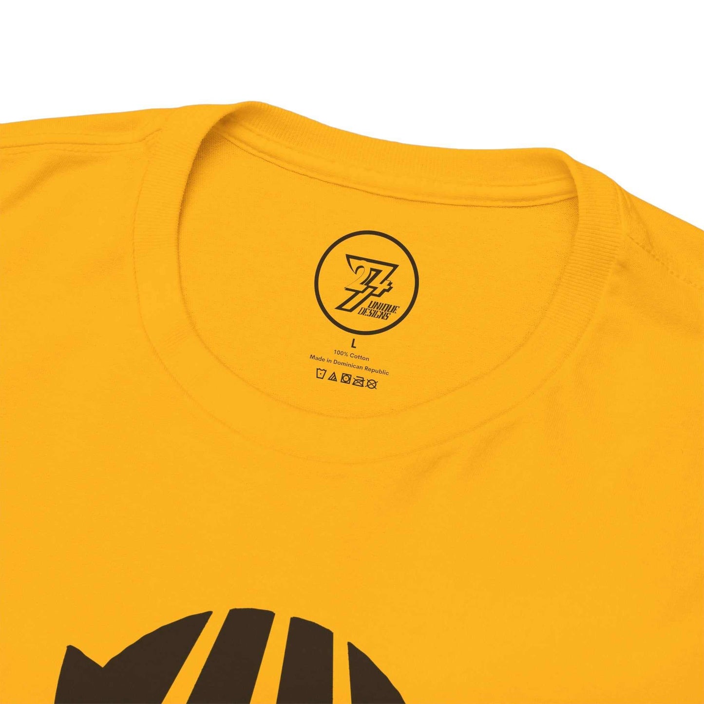 Collar view of the dark comic tee showing the 24/7 Unique Design logo