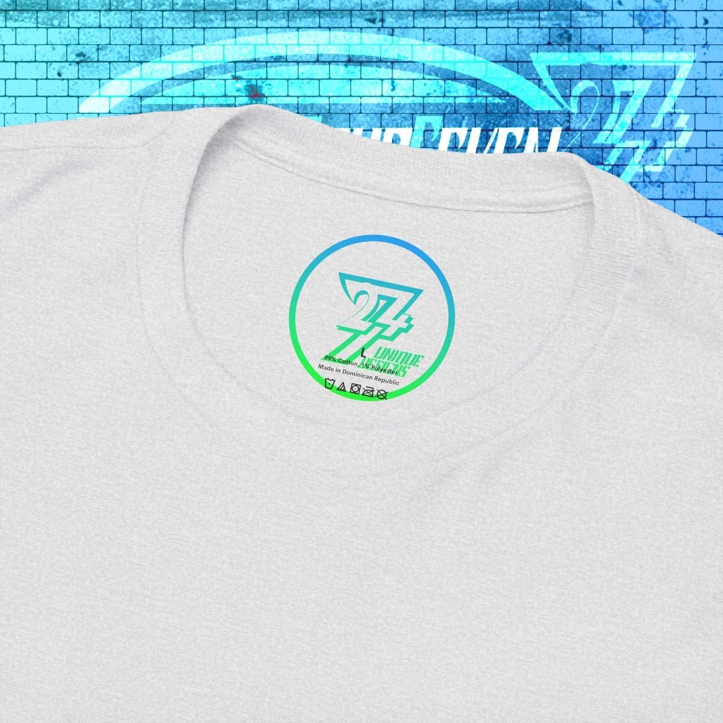 Macro close-up of the inner neck label showing the authentic 24/7 Unique Designs™ trademark logo on the China flag tee.