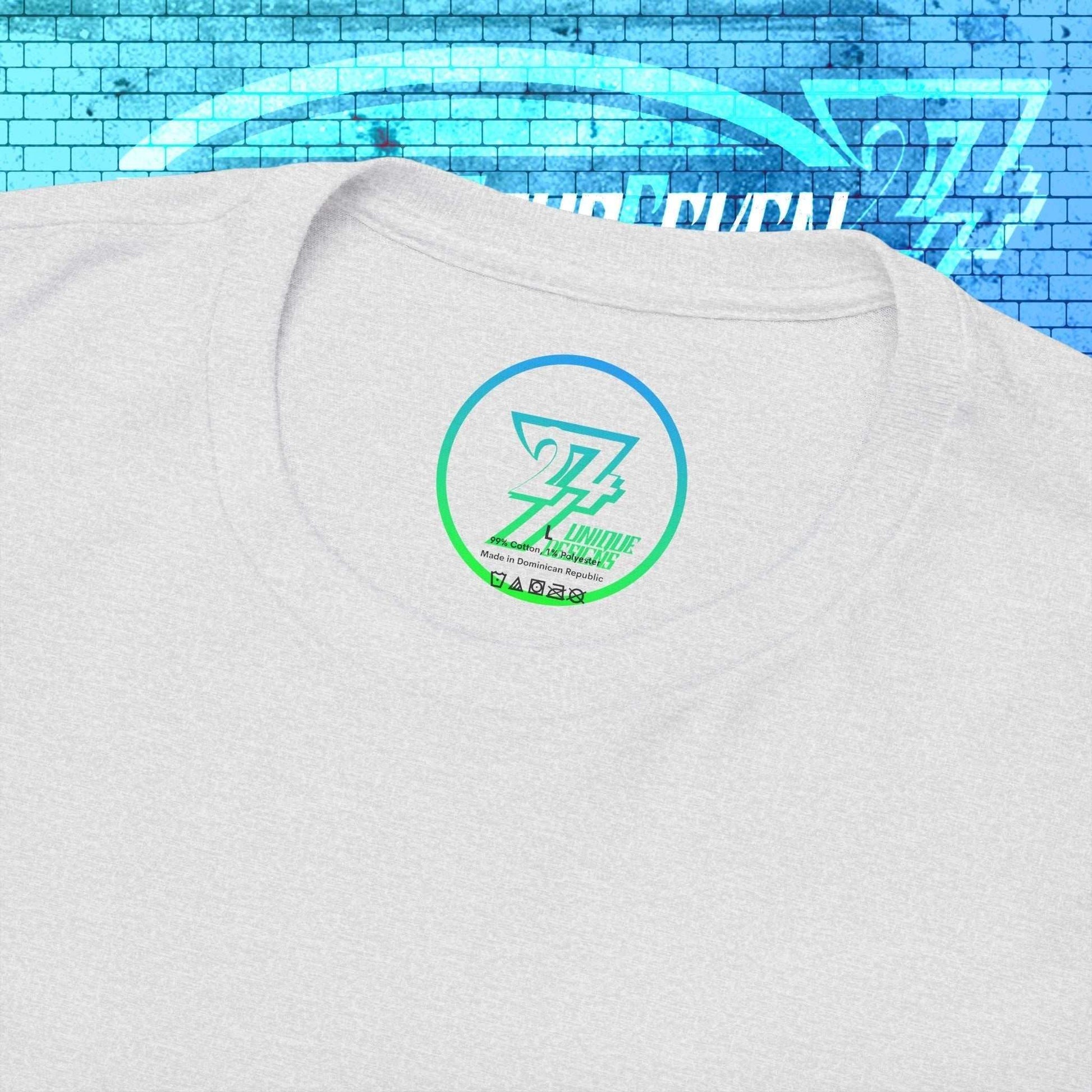 Macro close-up of the inner neck label showing the authentic 24/7 Unique Designs™ trademark logo on the China flag tee.