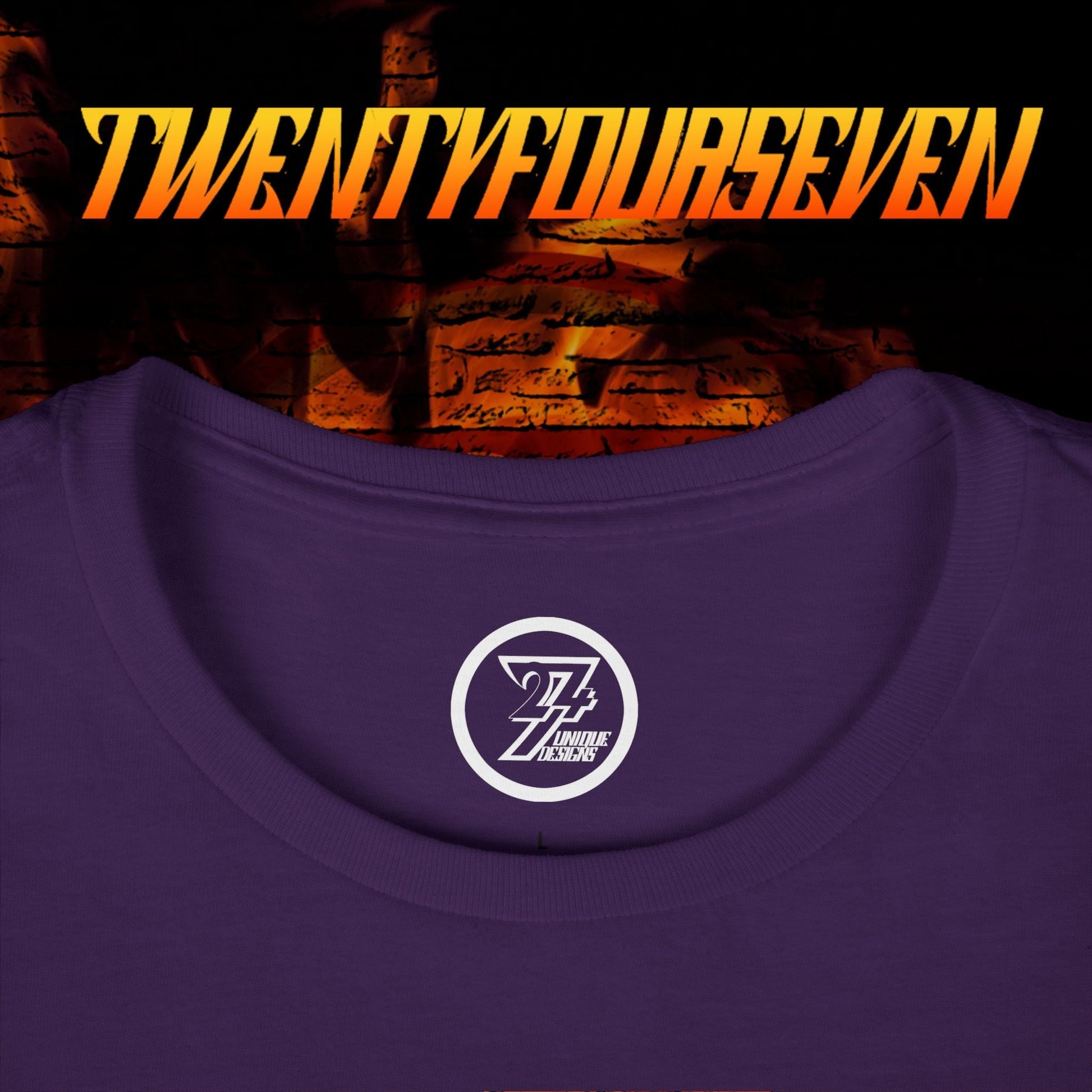Collar view of a plain purple classic fit women's everyday t-shirt.