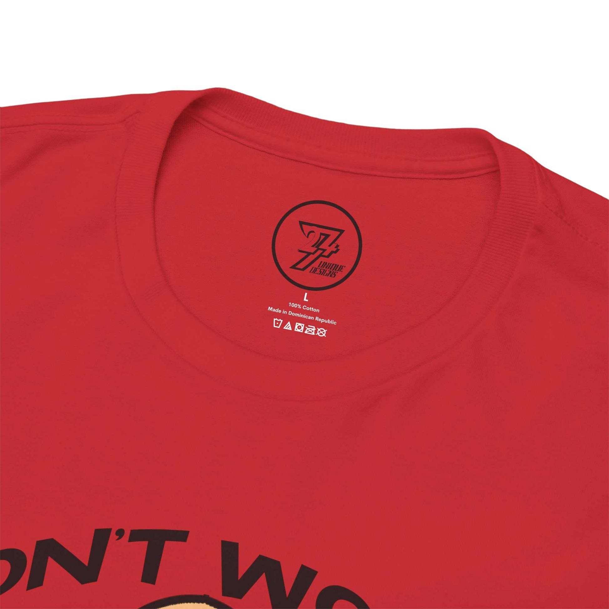 Red funny kiss cam t-shirt with a brand logo and text on the collar area