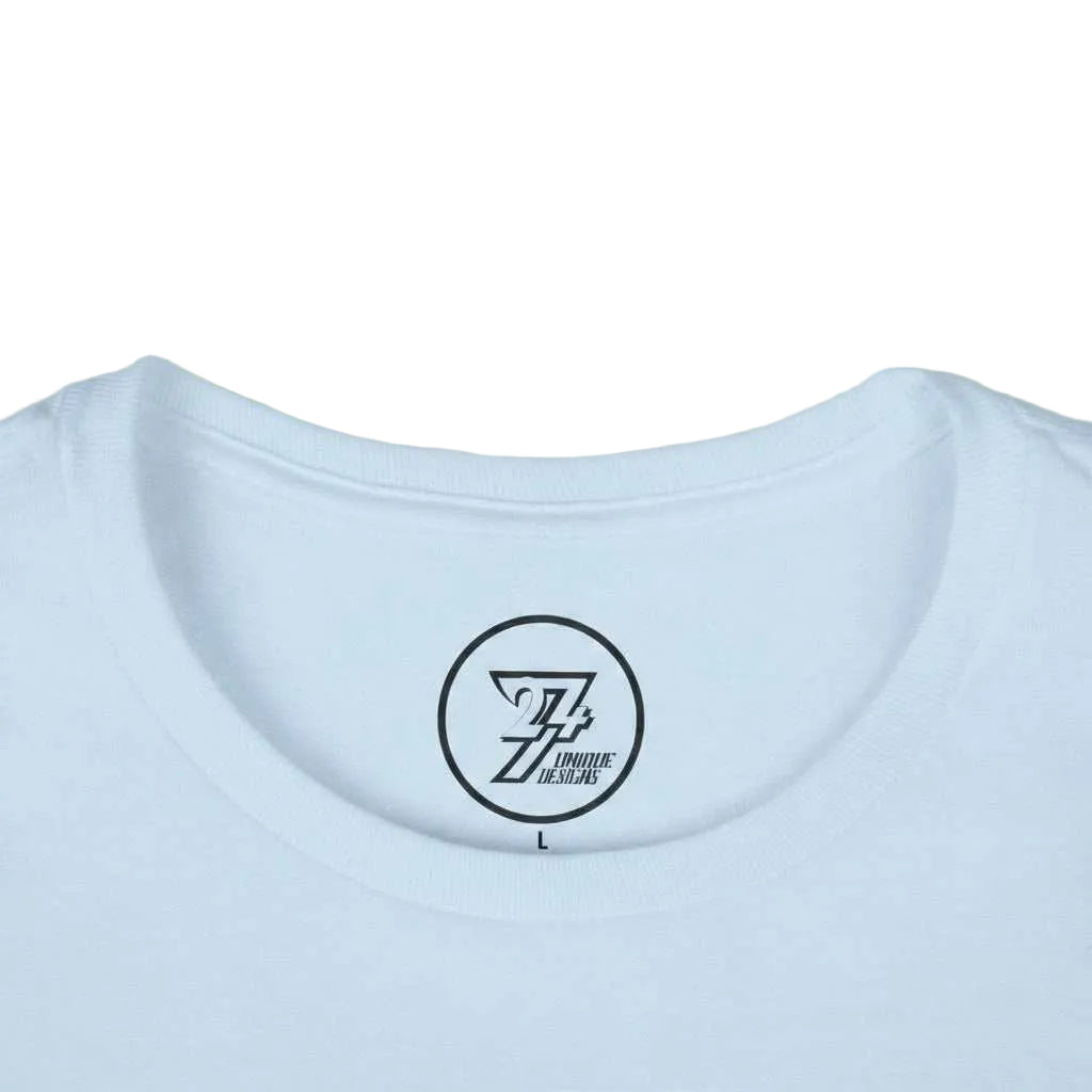 light blue t-shirt for women with round ribbed collar and 24/7 unique designs logo inside neckline