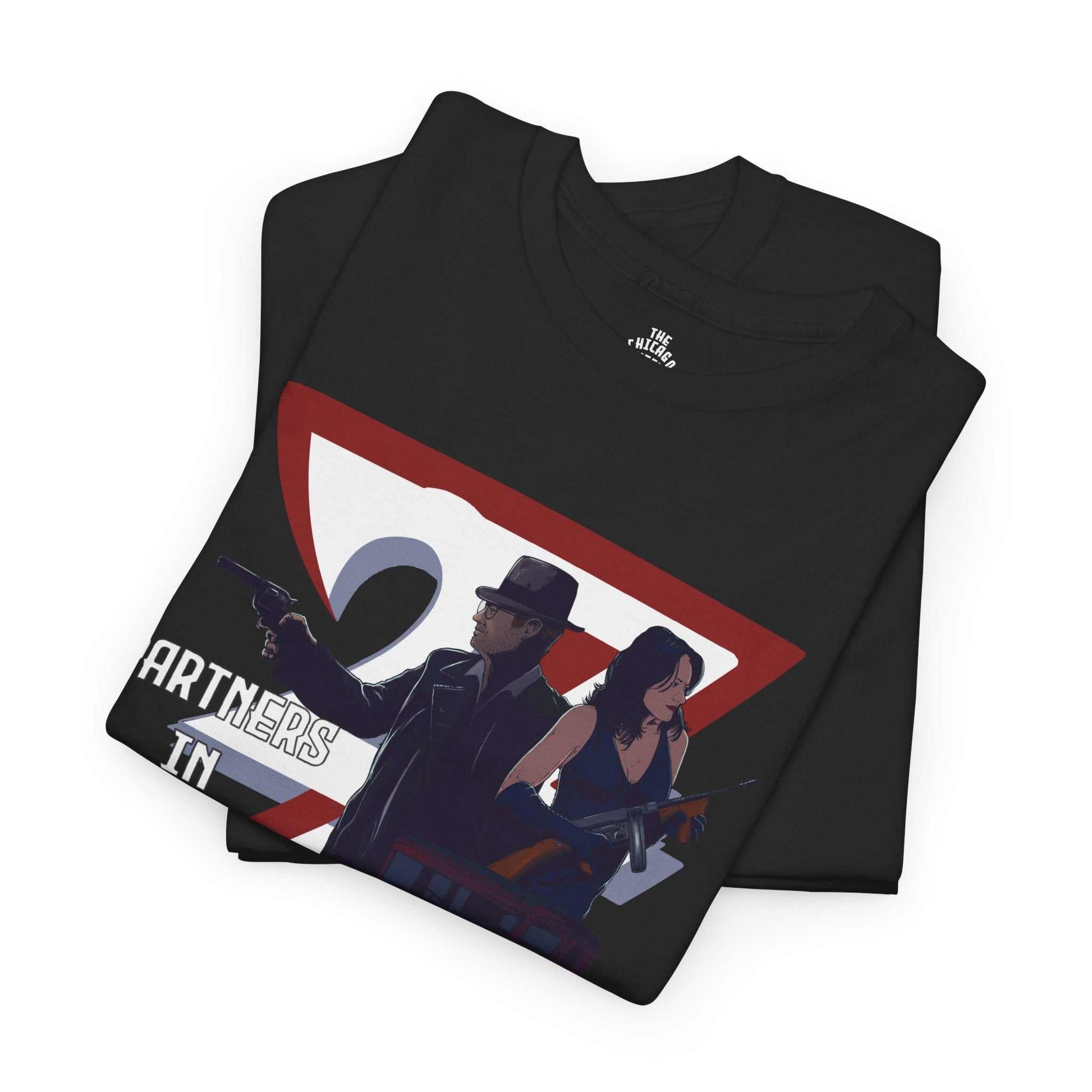 Black t-shirt with graphic design of a gangster couple holding guns and a red and white 24/7 logo on a white background