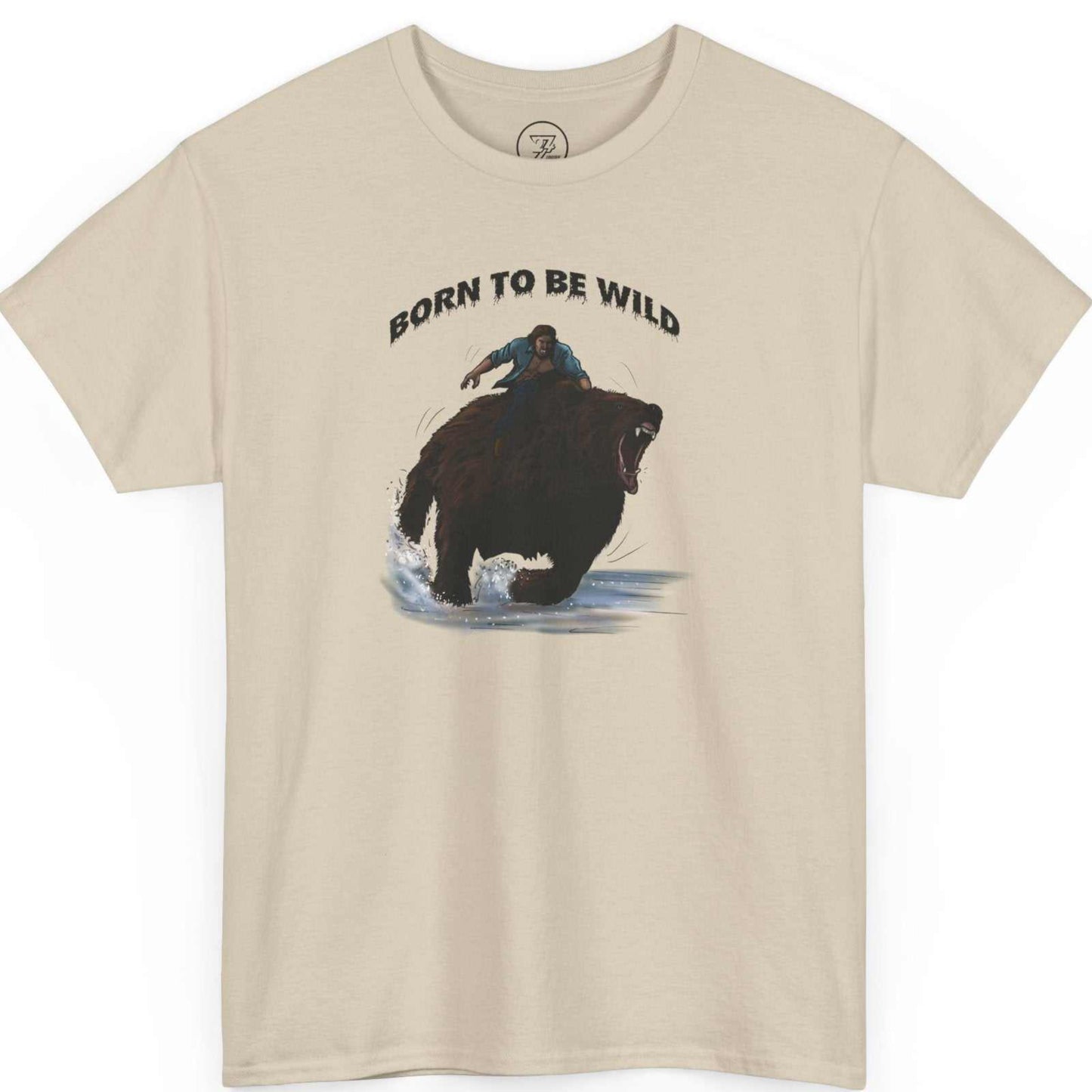 Beige t-shirt with bear graphic and 'Born to be Wild' text on a white background