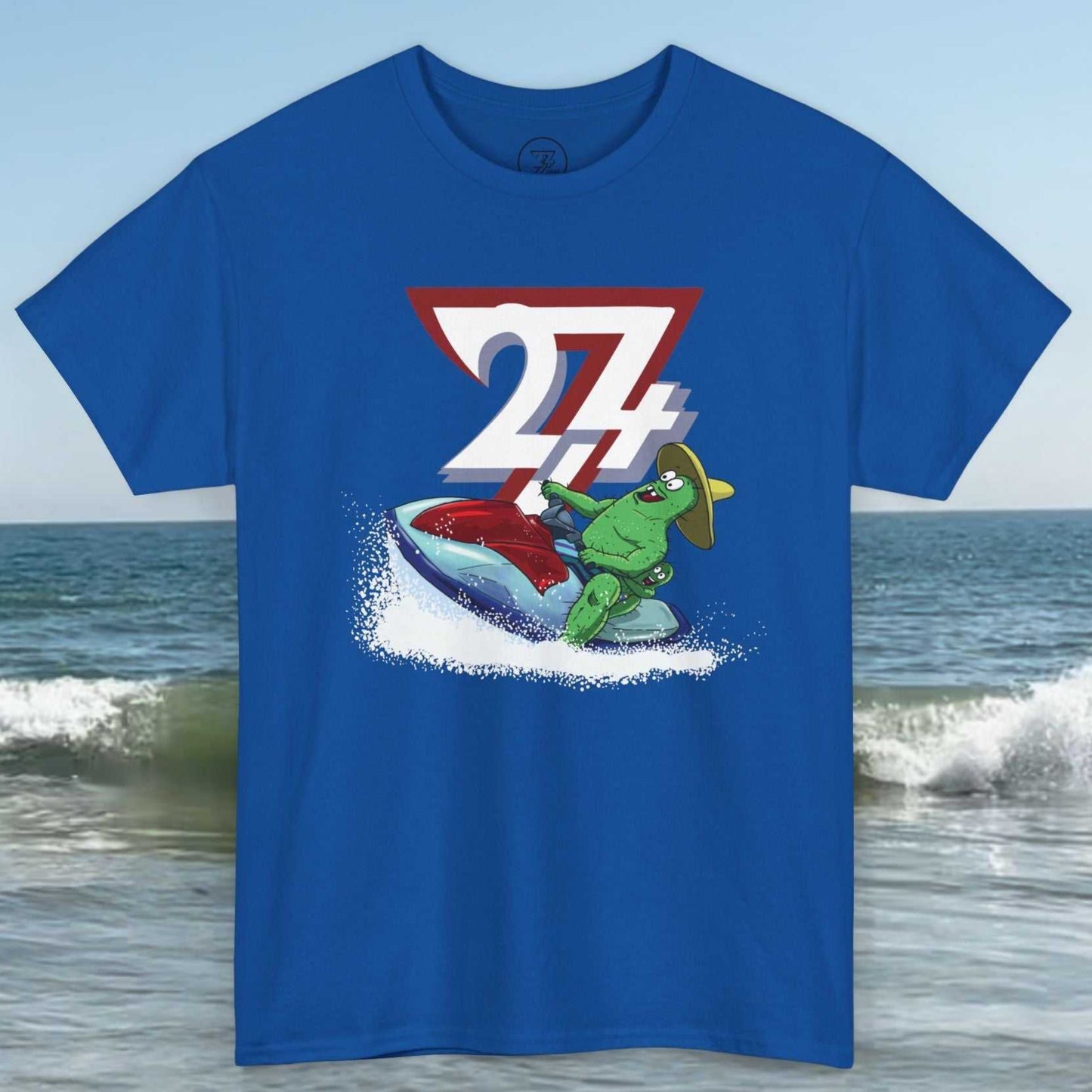 Front view of Royal Blue Cactus Jetski Graphic Tee with hand-drawn character art.