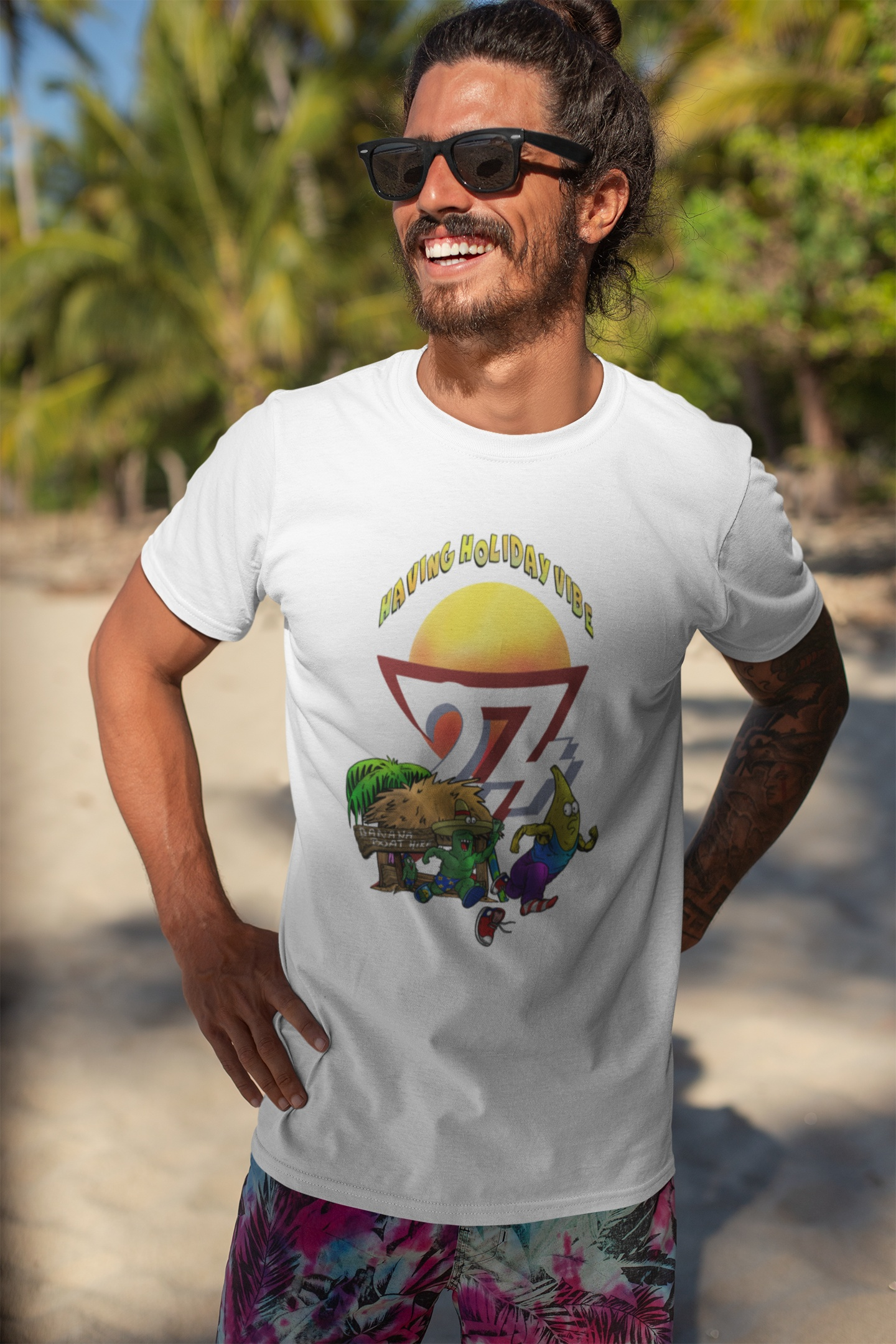 Male model wearing the White Funny Banana Boat T-Shirt for a casual summer look.