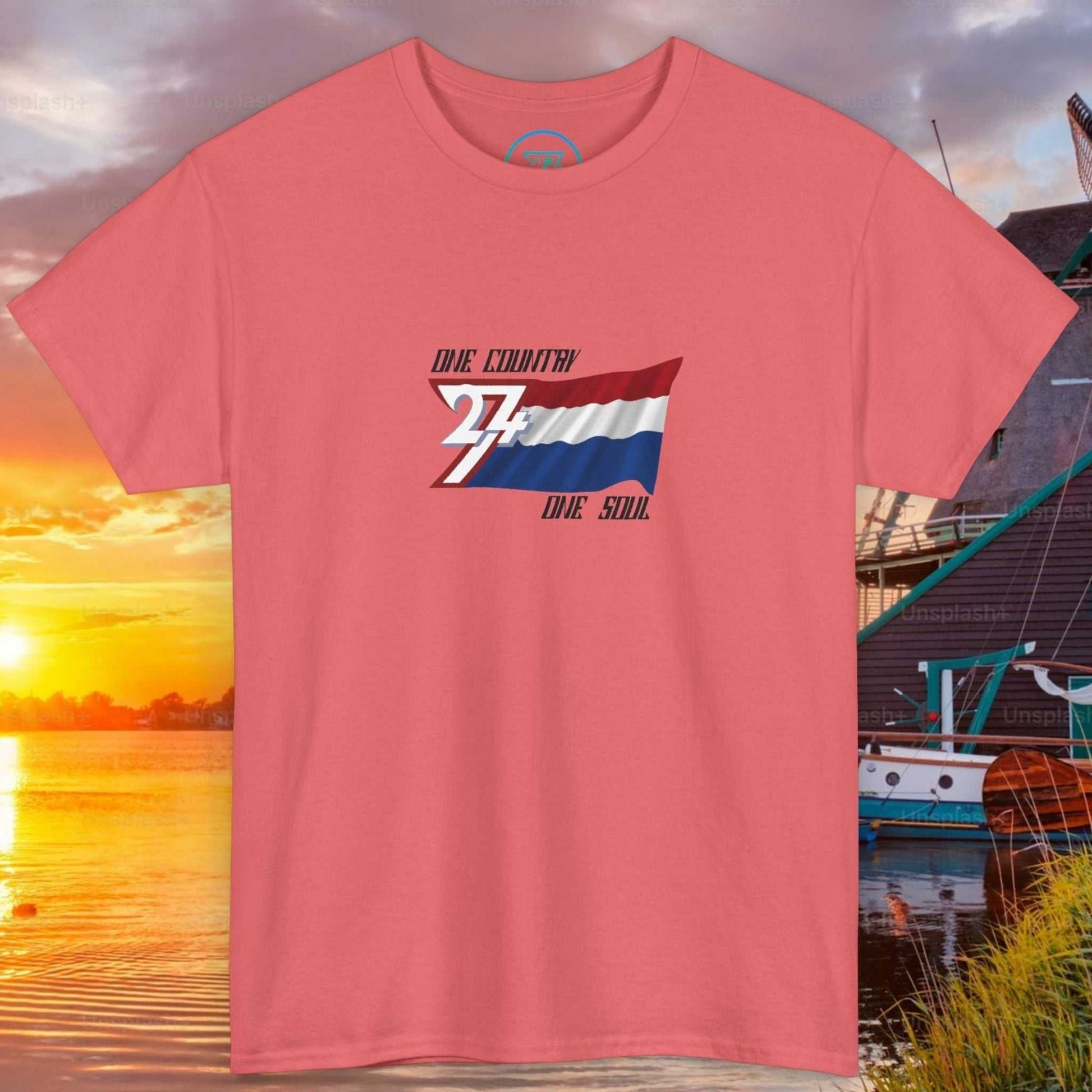 Front view of a coral graphic t-shirt featuring a digitally hand-drawn Netherlands flag design.