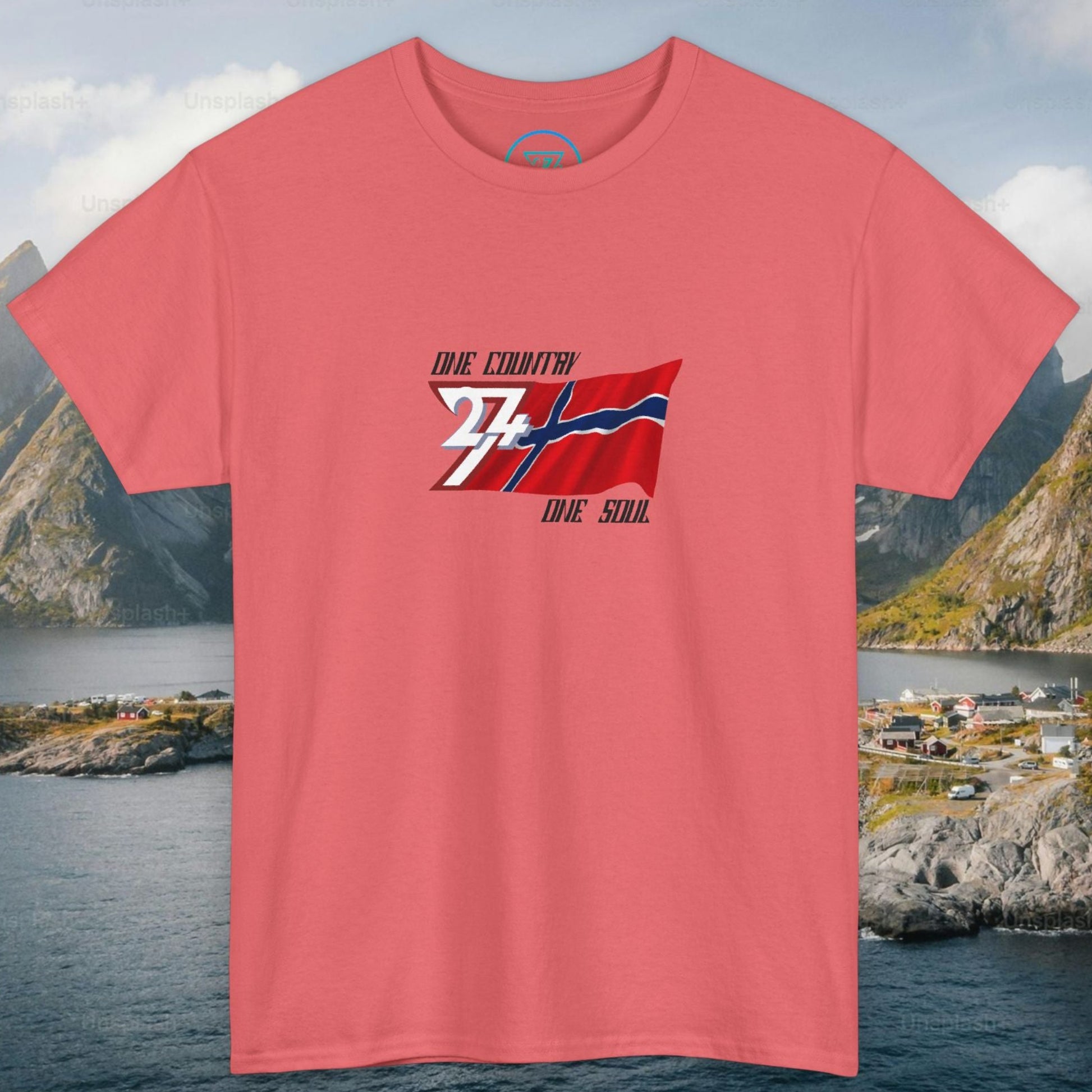 Coral pink graphic t-shirt featuring a digitally hand-drawn Norway flag design.