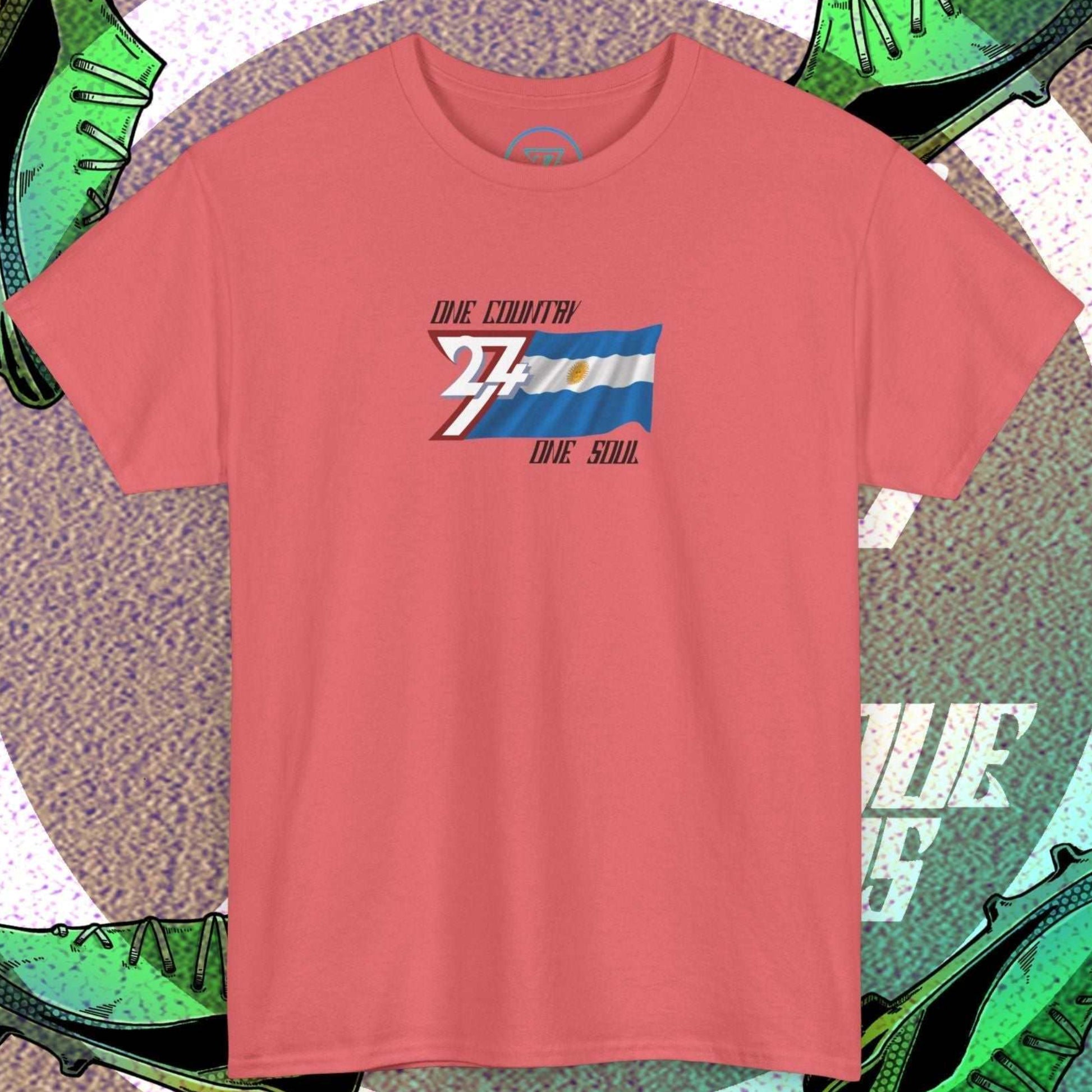 Main view of the Coral Silk Argentina flag t-shirt with a refined digital illustration and "One Country One Soul" branding.