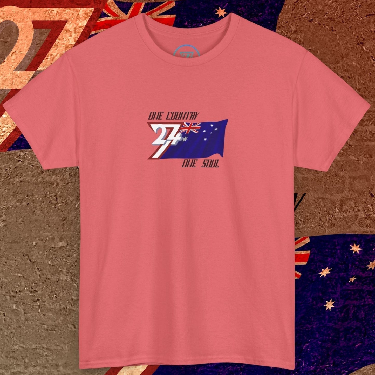 Main view of the Coral Silk Australia flag t-shirt with a refined digital illustration and "One Country One Soul" branding.