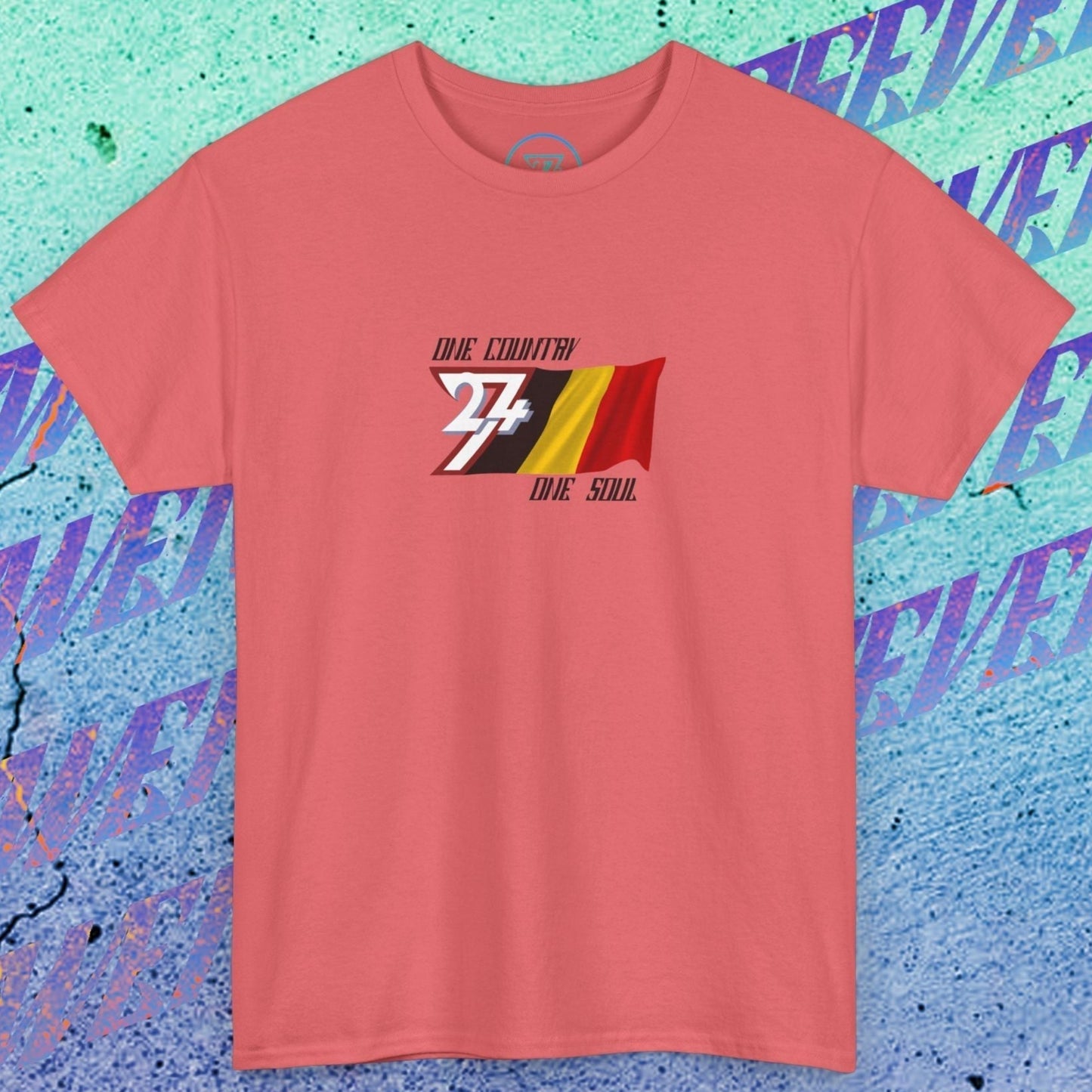 Main view of the Coral Silk Belgium flag t-shirt with a refined digital illustration and "One Country One Soul" branding.