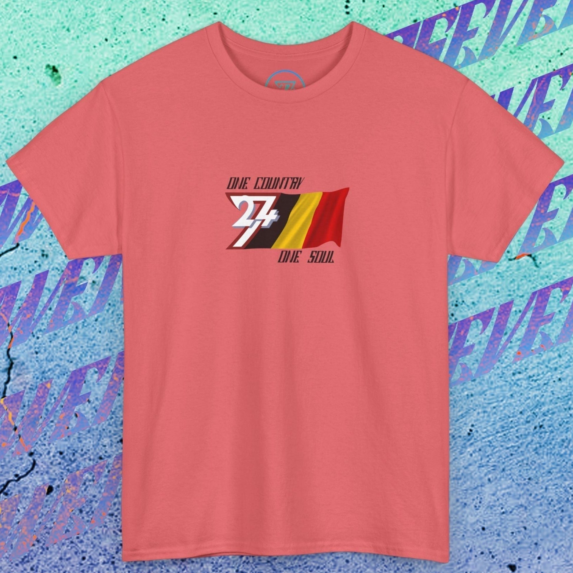Main view of the Coral Silk Belgium flag t-shirt with a refined digital illustration and "One Country One Soul" branding.