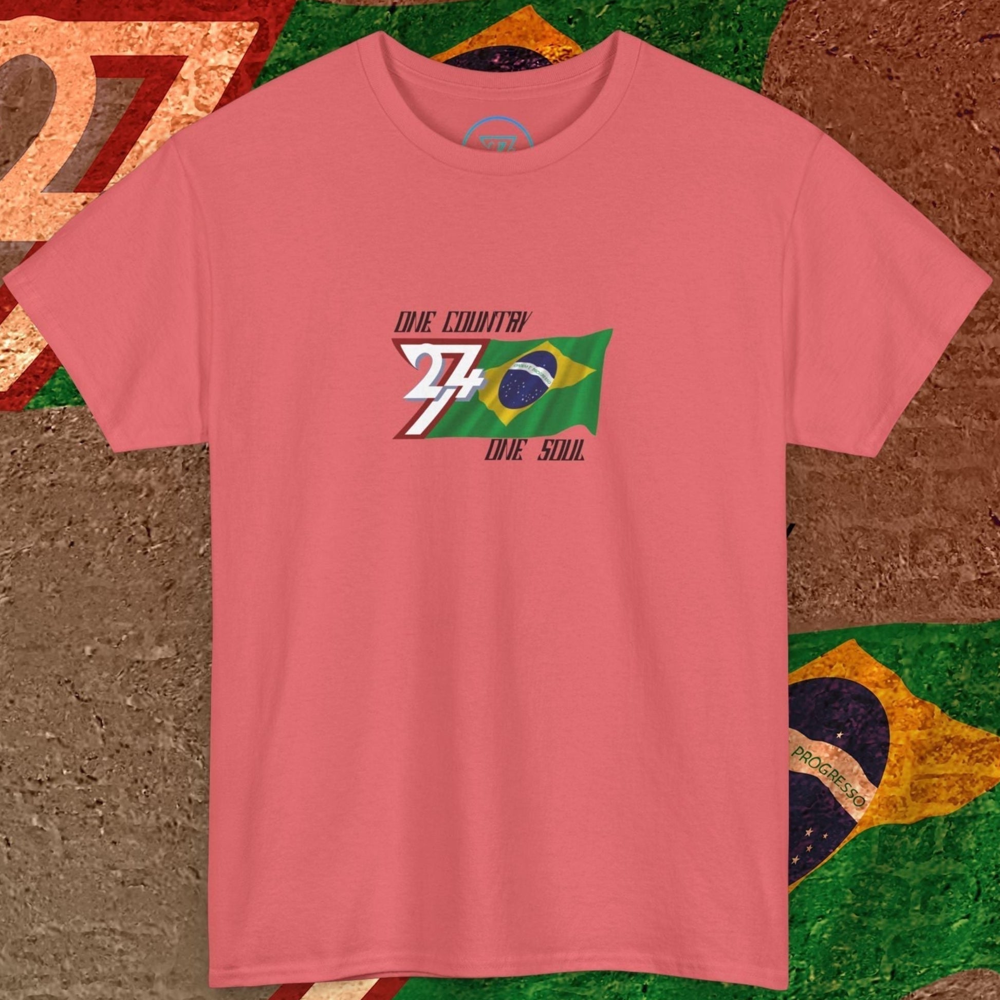 Main view of the Coral Silk Brazil flag t-shirt with a refined digital illustration and "One Country One Soul" branding.