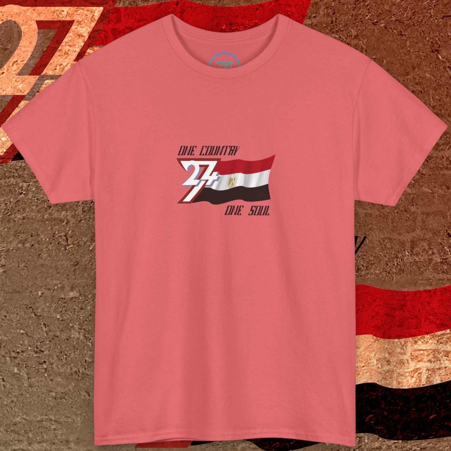 Main view of the Coral Silk Egypt flag t-shirt with a refined digital illustration and "One Country One Soul" branding.