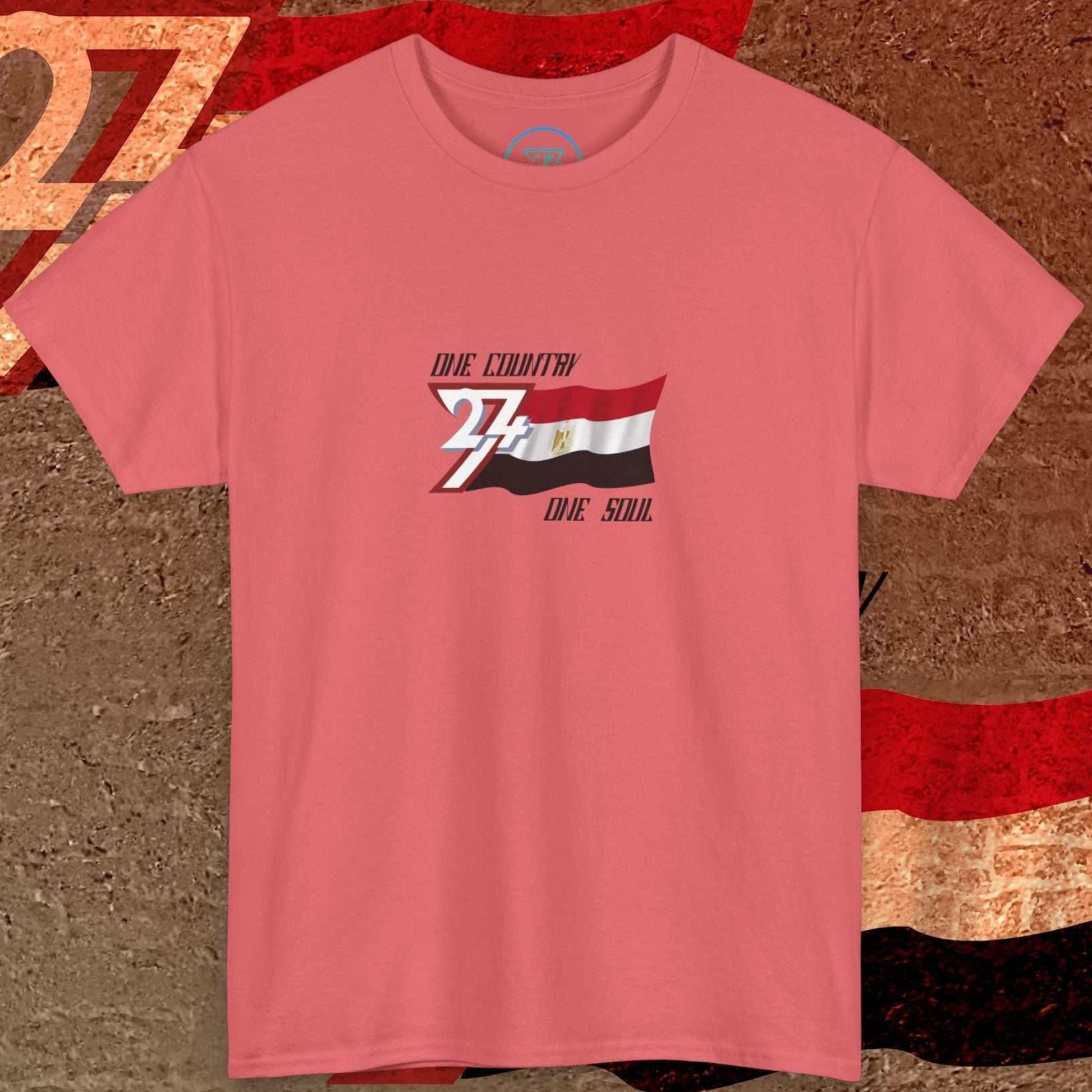 Main view of the Coral Silk Egypt flag t-shirt with a refined digital illustration and "One Country One Soul" branding.