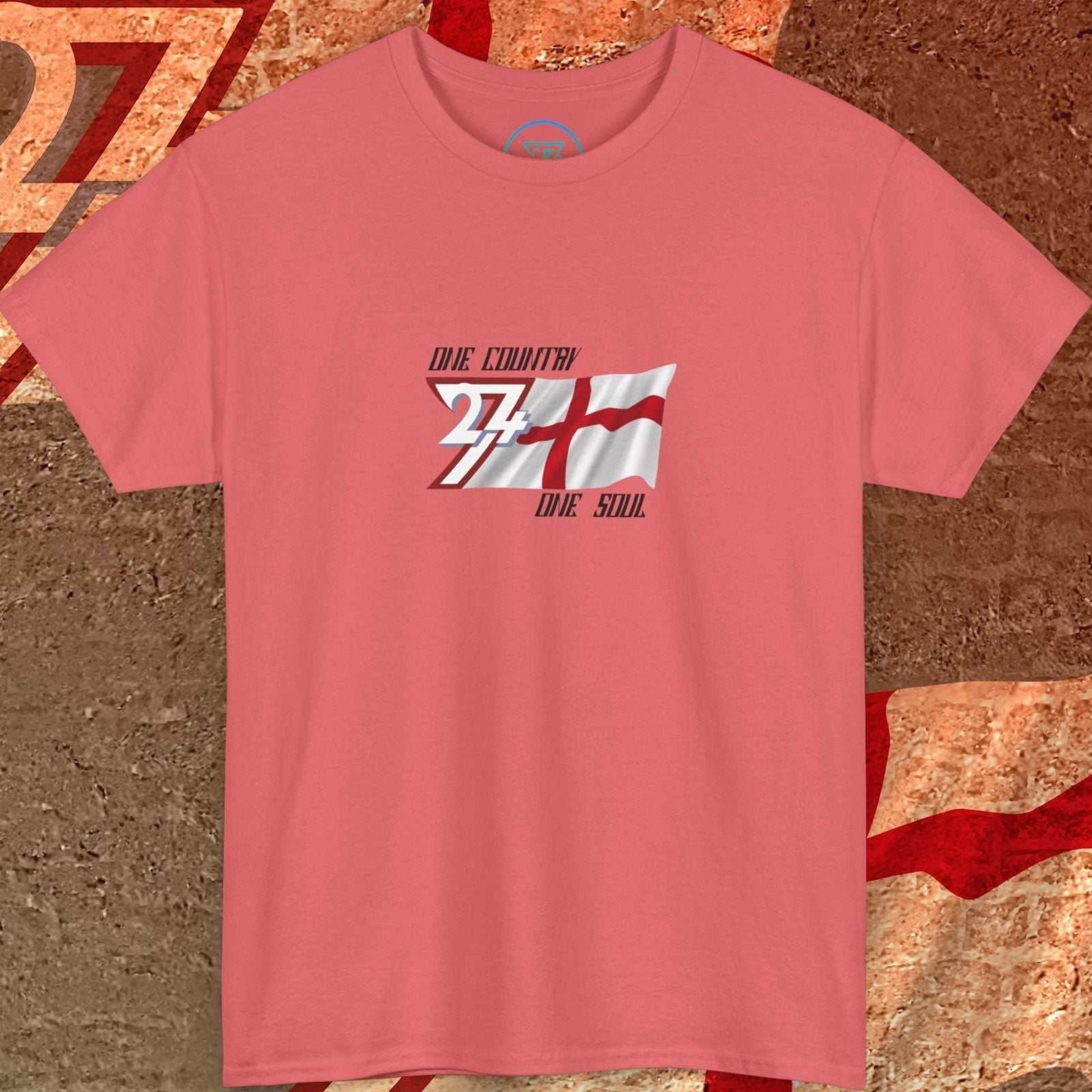 Main view of the Coral Silk England flag t-shirt with a refined digital illustration and "One Country One Soul" branding.
