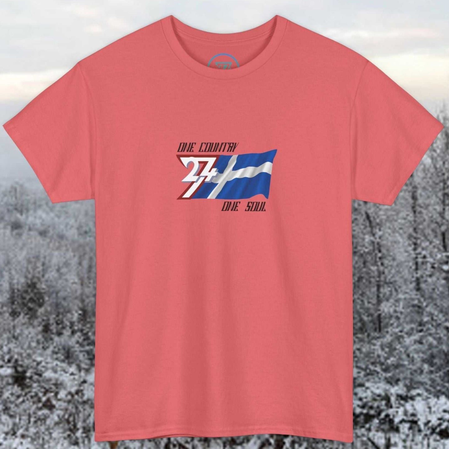 Main view of the Coral Silk Finland flag t-shirt with a refined digital illustration and "One Country One Soul" branding.