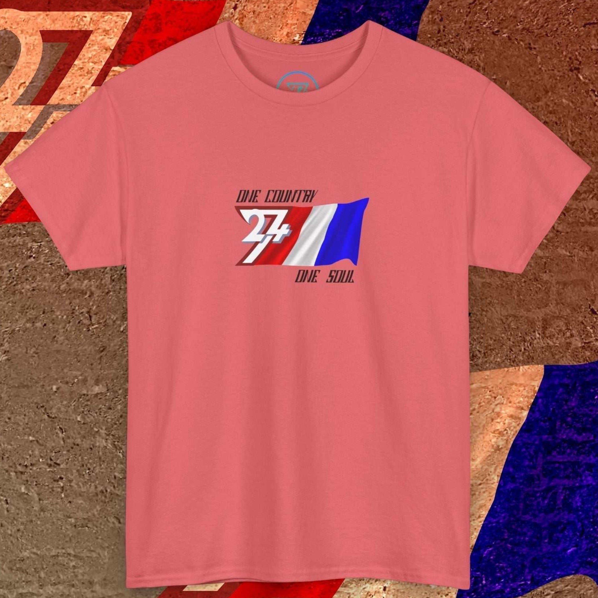 Main view of the Coral Silk France flag t-shirt with a refined digital illustration and "One Country One Soul" branding.