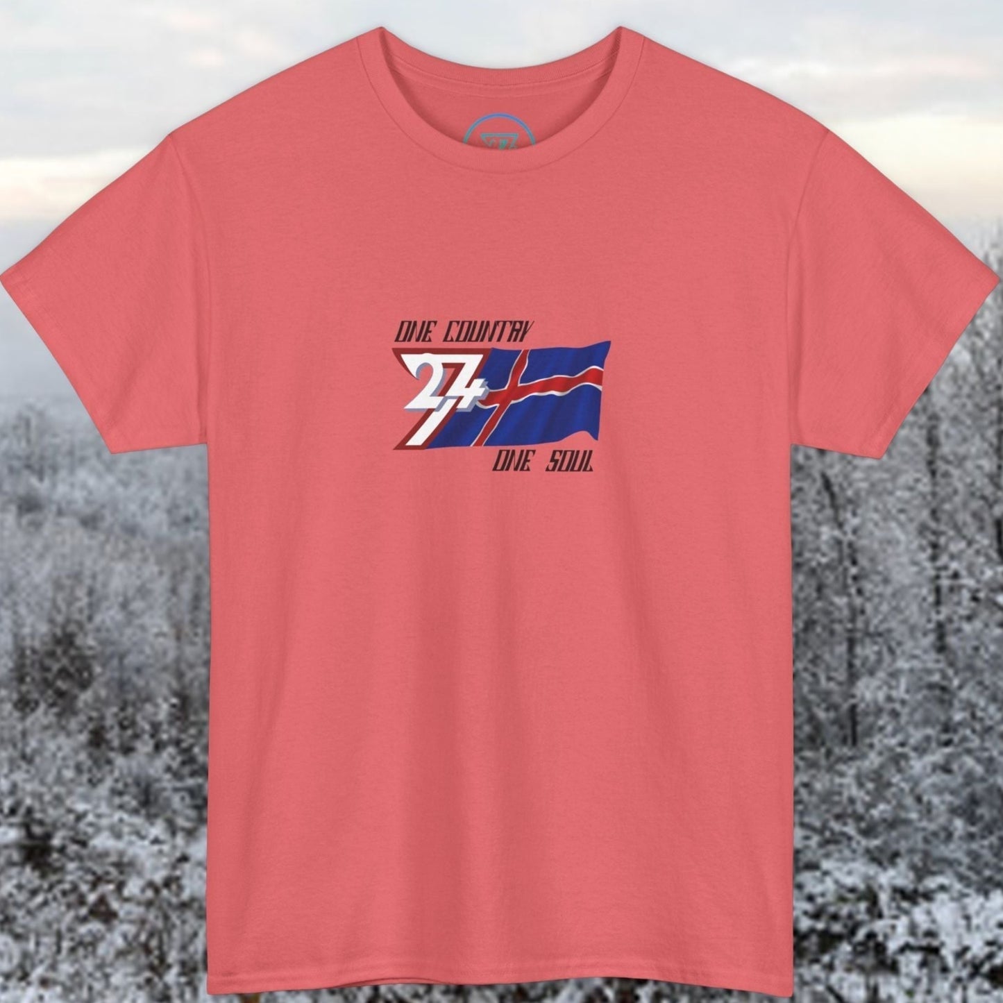 Main view of the Coral Silk Iceland flag t-shirt with a refined digital illustration and "One Country One Soul" branding.