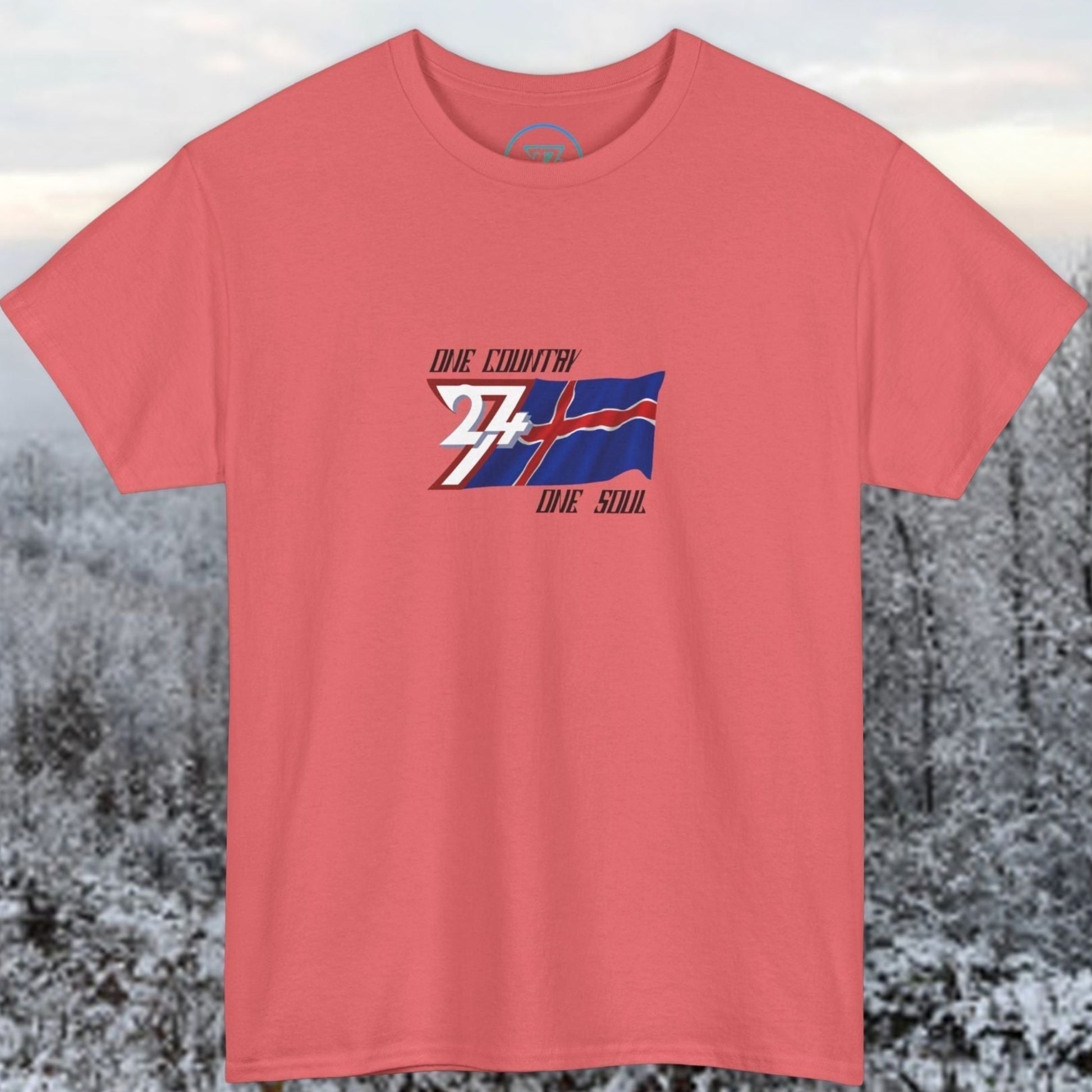 Main view of the Coral Silk Iceland flag t-shirt with a refined digital illustration and "One Country One Soul" branding.