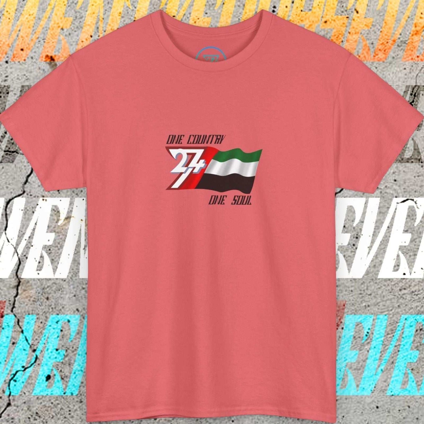 Main view of the Coral Silk UAE flag t-shirt with a refined digital illustration and "One Country One Soul" branding.
