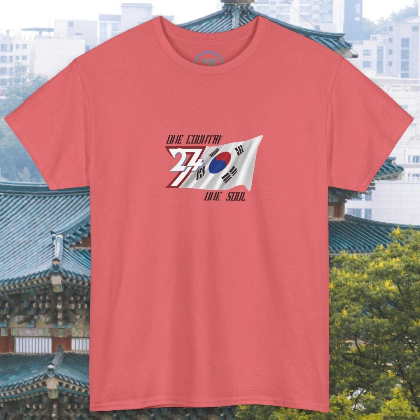 South Korea flag graphic tee with hand-drawn Taegeukgi design on coral unisex cotton shirt