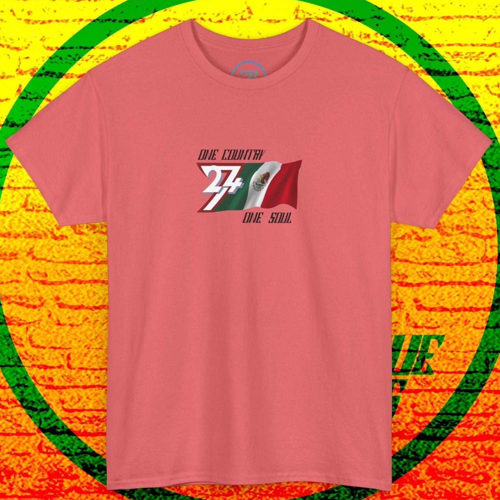 Main view of the Coral Silk Mexico flag t-shirt with a refined digital illustration and "One Country One Soul" branding.